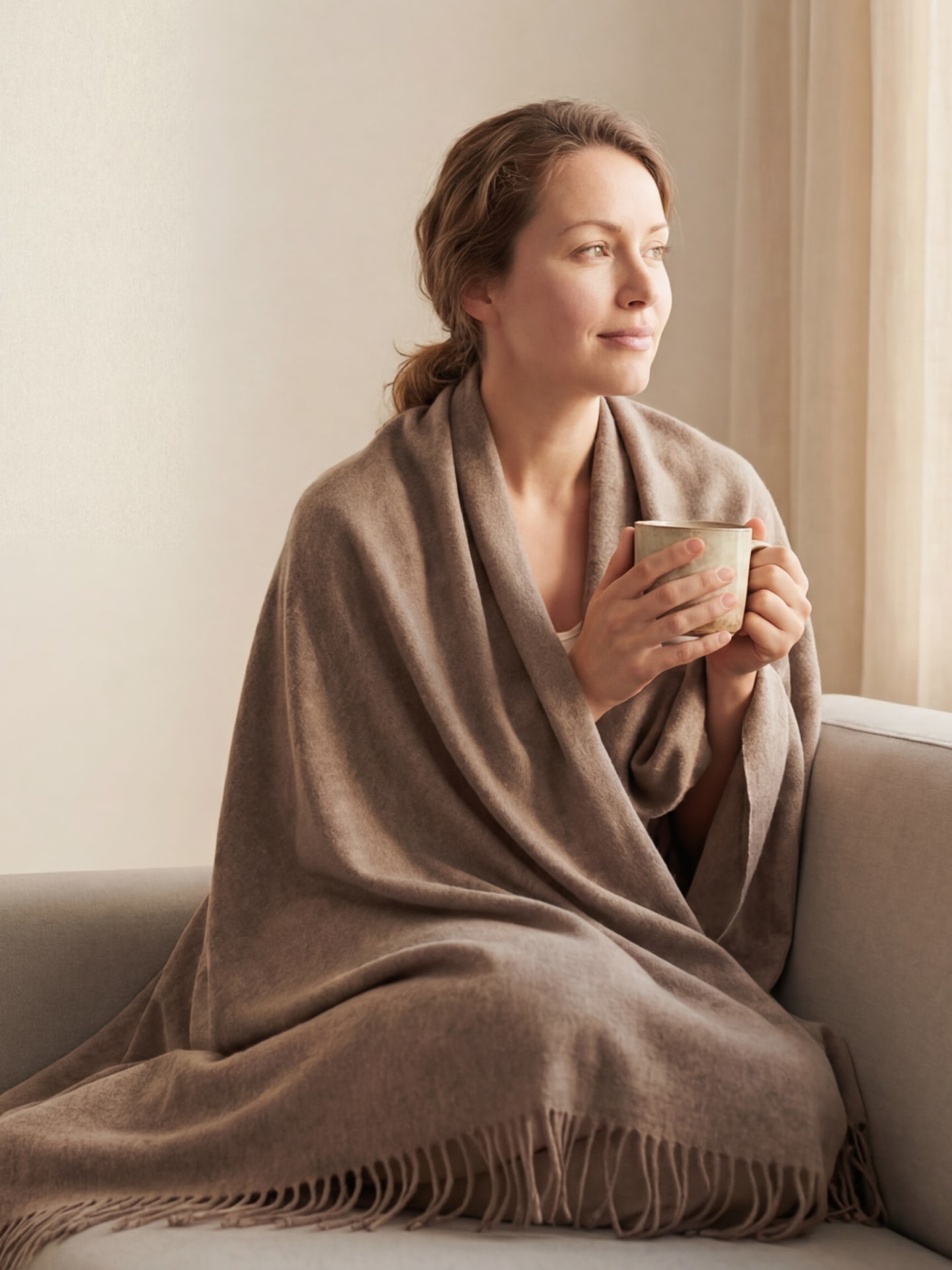 woman sitting on a sofa wrapped in a natural brown cashmere blanket