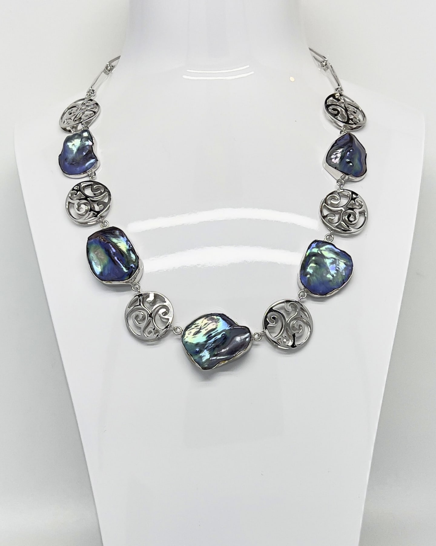 Signature dark keshi pearl statement chain necklace with silver charms