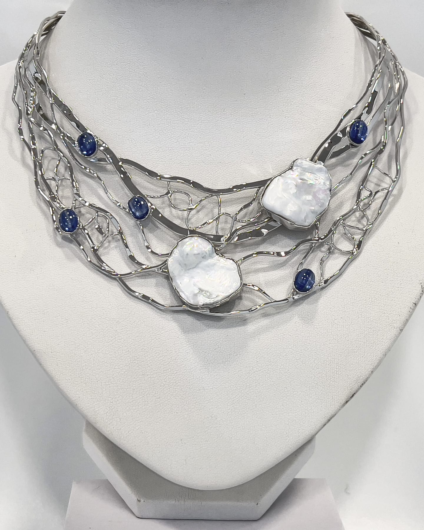 Signature keshi pearl and kyanite silver lattice torque collar necklace