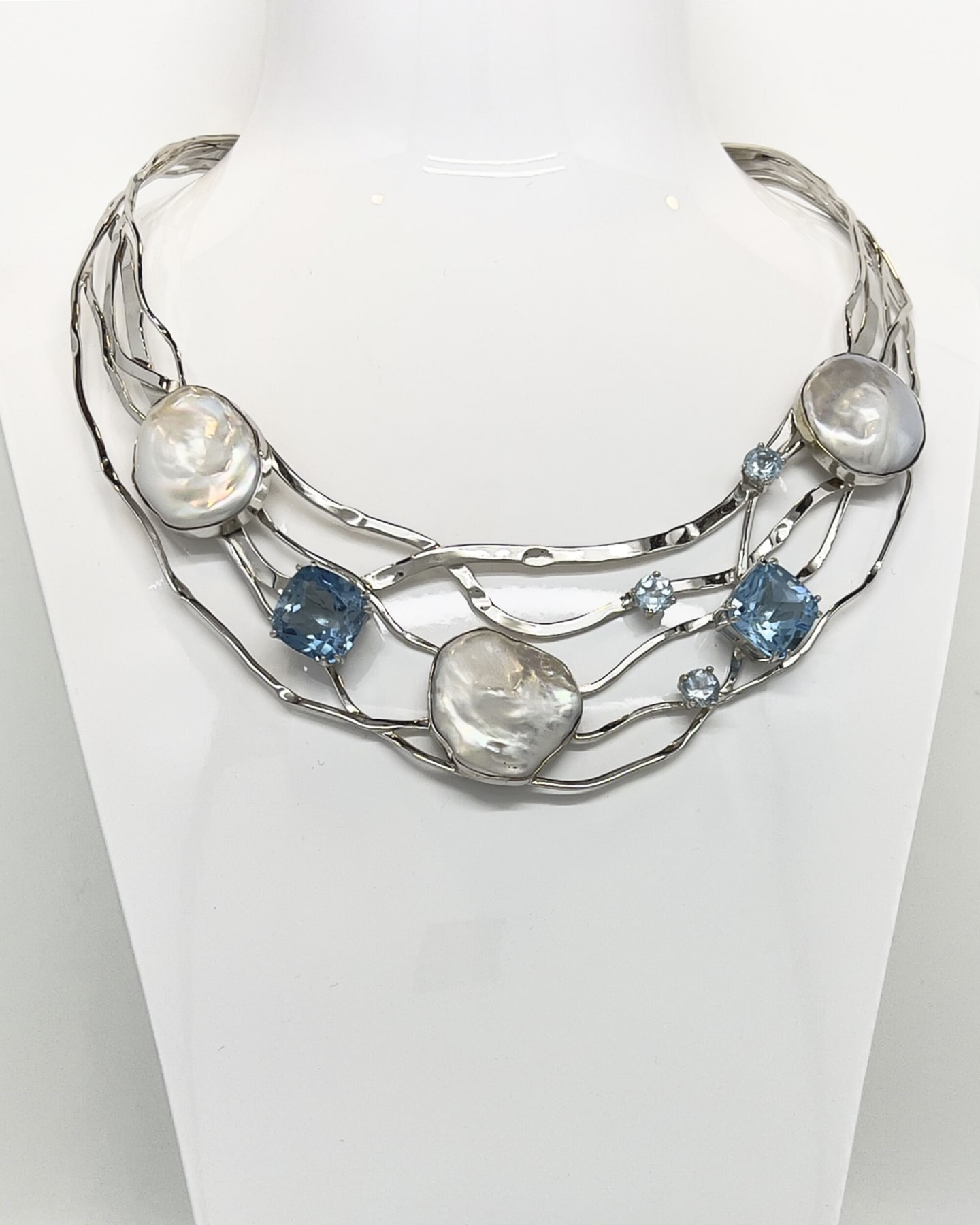 Signature keshi pearl and square topaz silver collar necklace