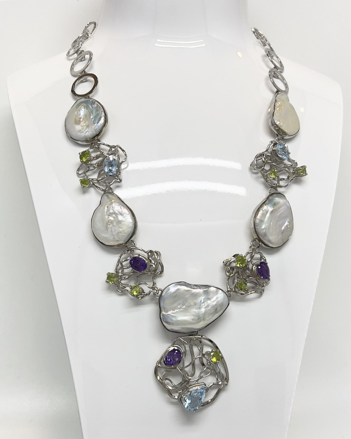 Signature keshi pearl statement pendant necklace with silver lattice and amethyst