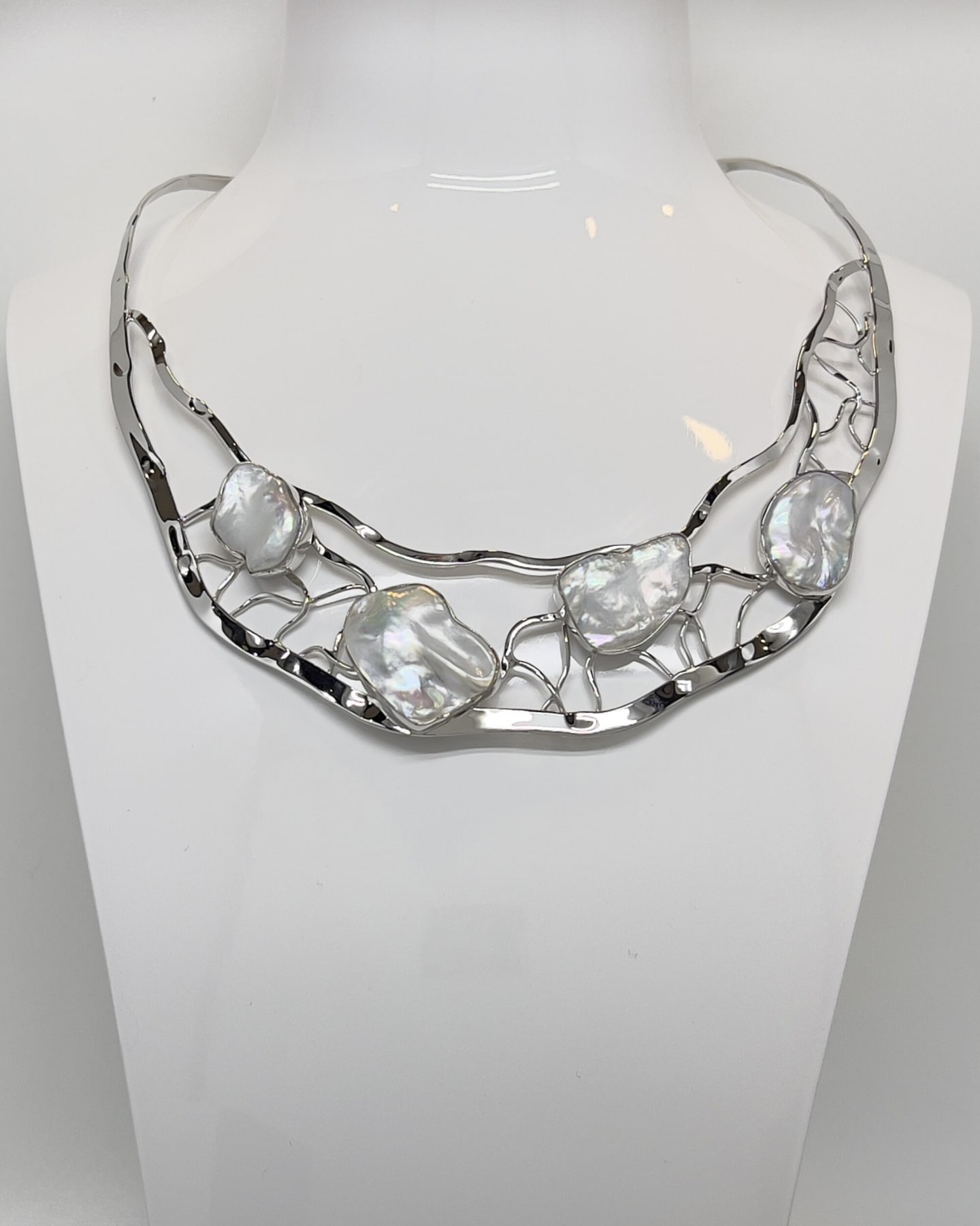 Signature keshi pearl torque collar necklace with silver lattice
