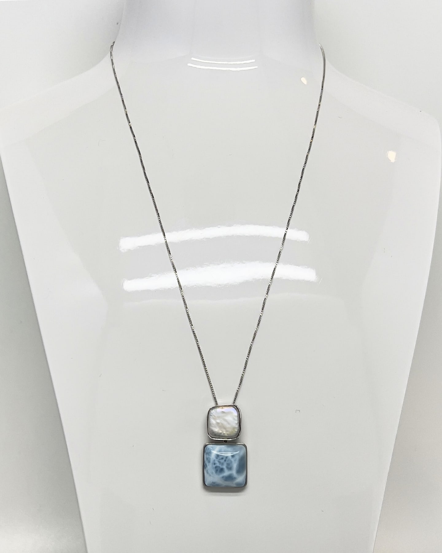 Signature square keshi pearl and larimar silver pendant necklace