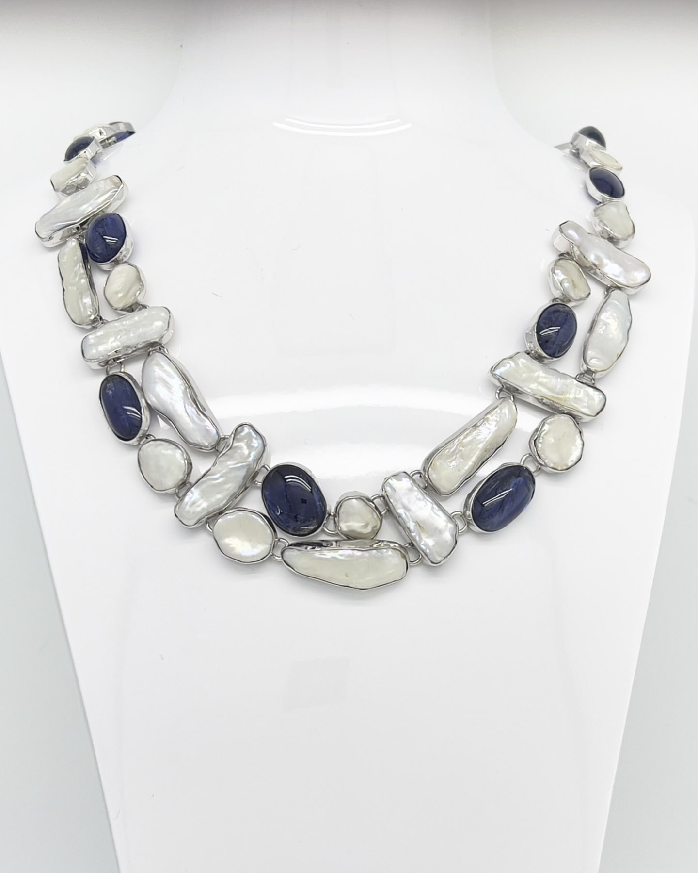 Signature tiled keshi pearl and kyanite silver statement chain necklace