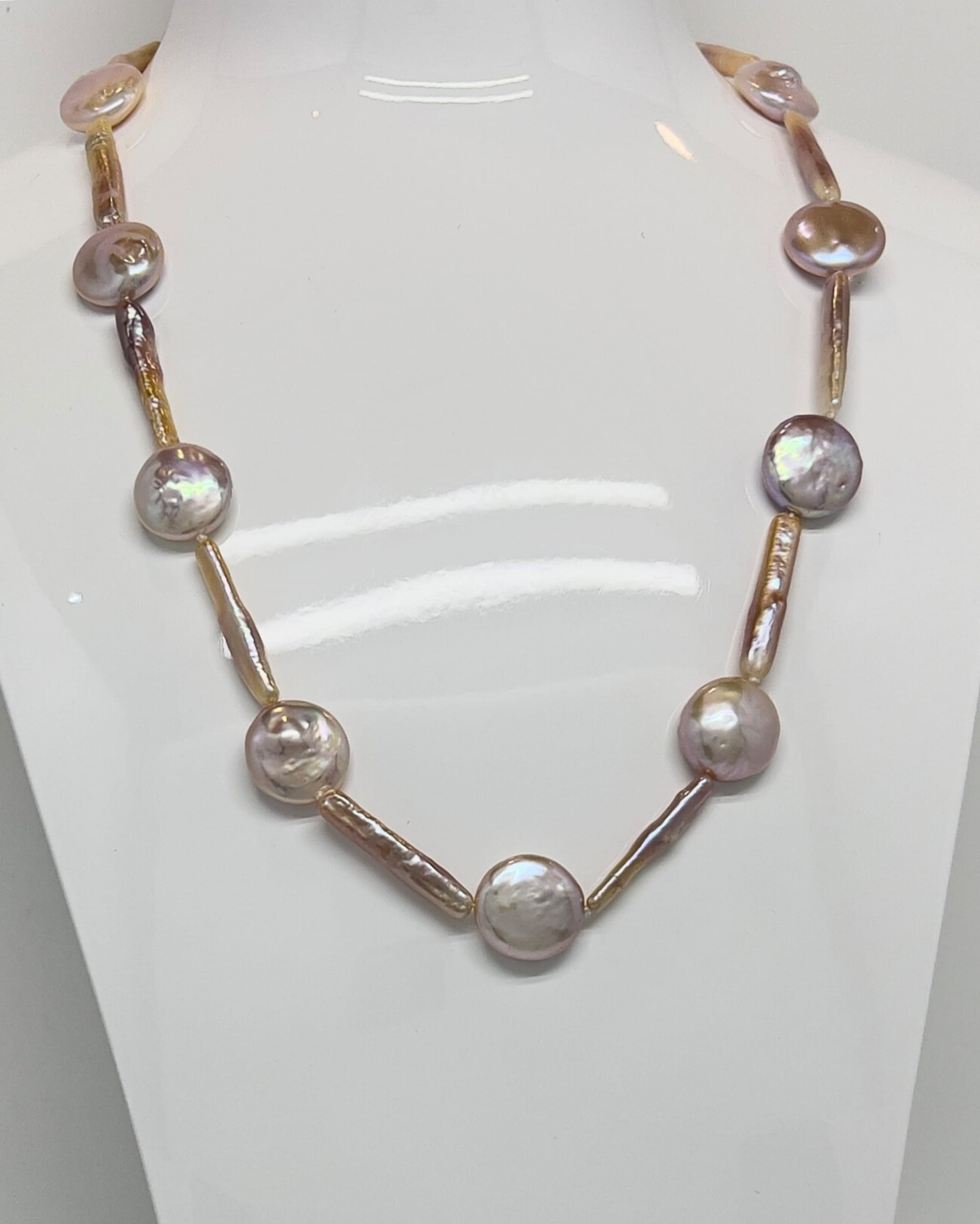 Classic button satellite chain necklace with purple-pink elongate pearls