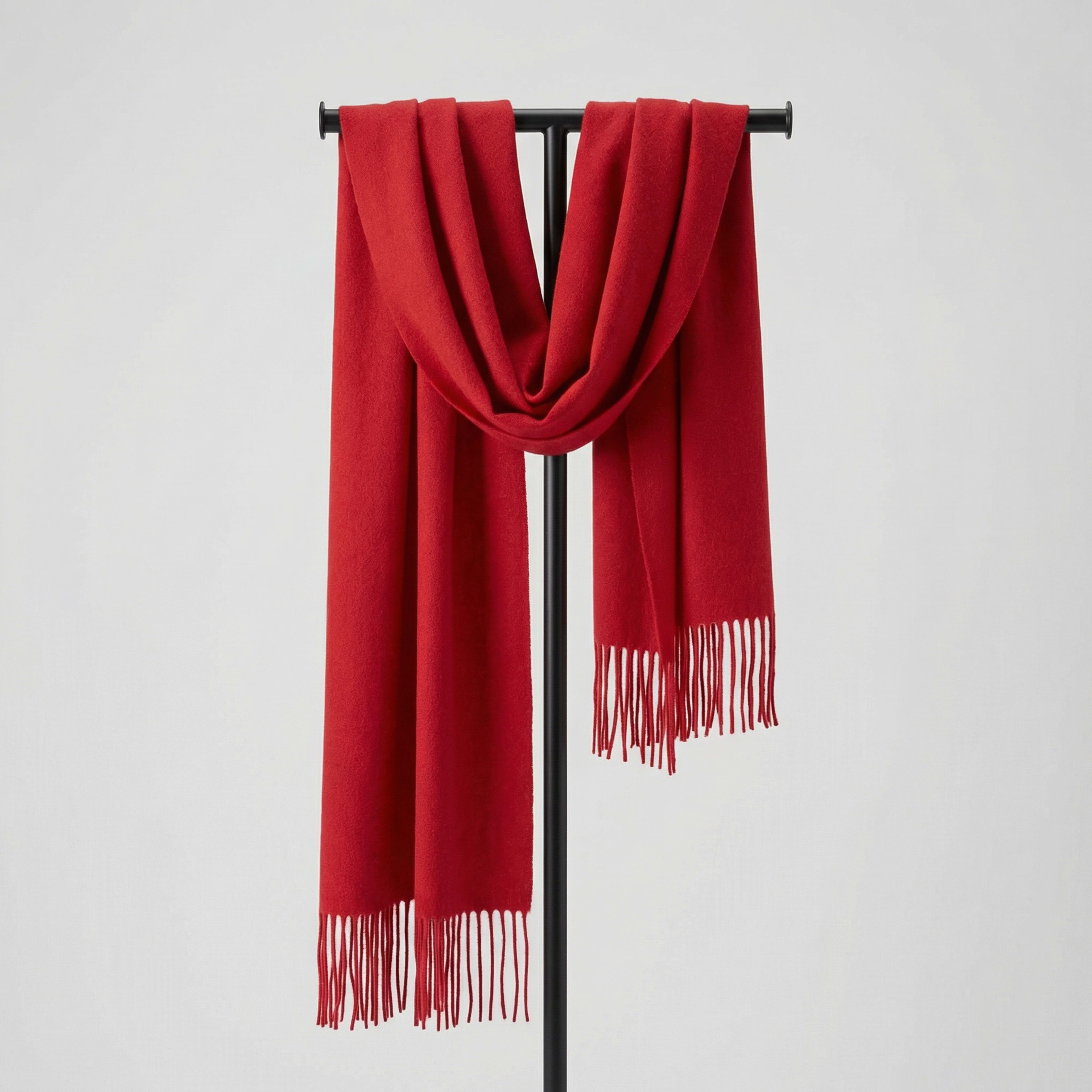 Red unisex woven cashmere scarf with tassels, draped flat