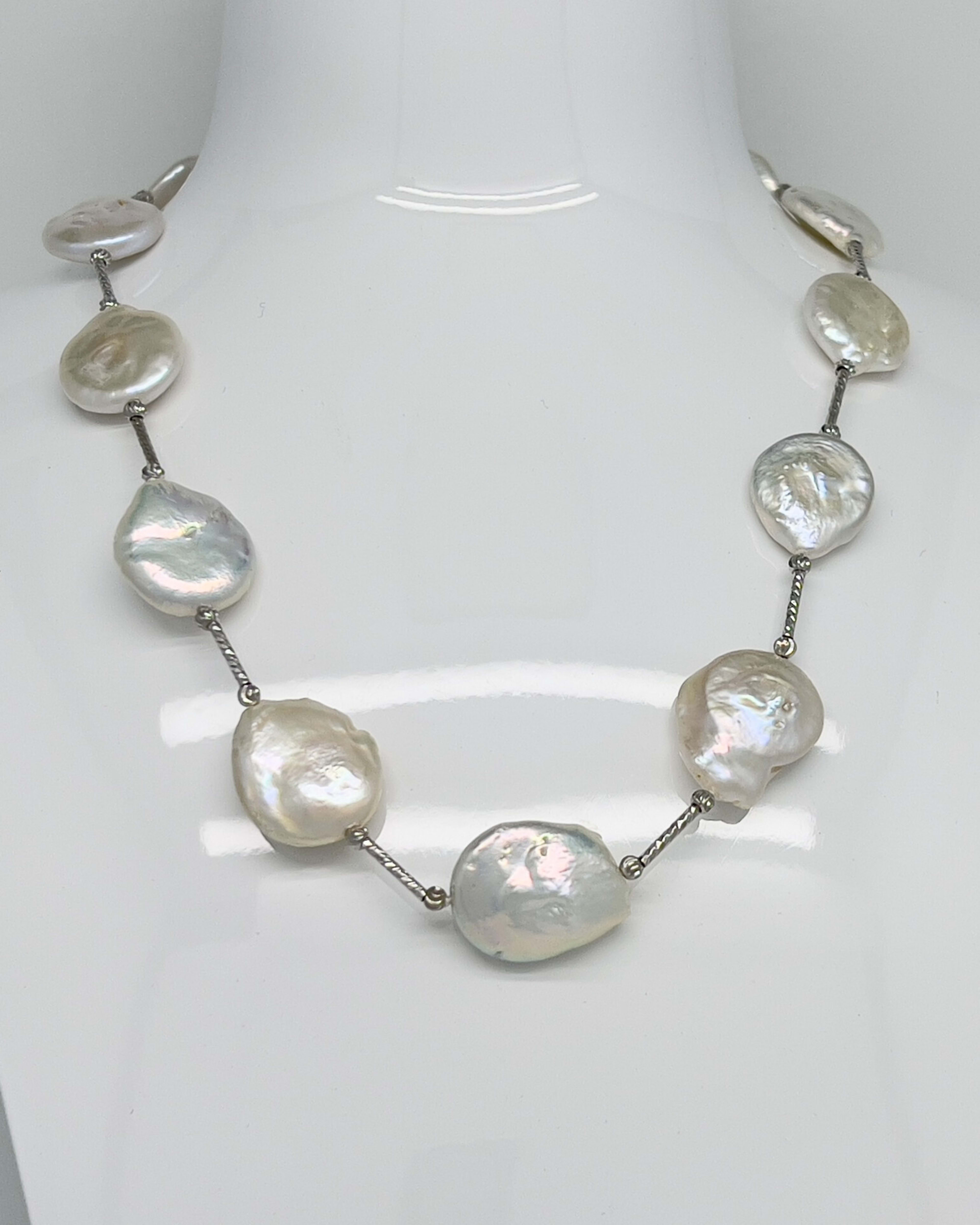 Classic button pearl statement chain necklace with silver rope detail