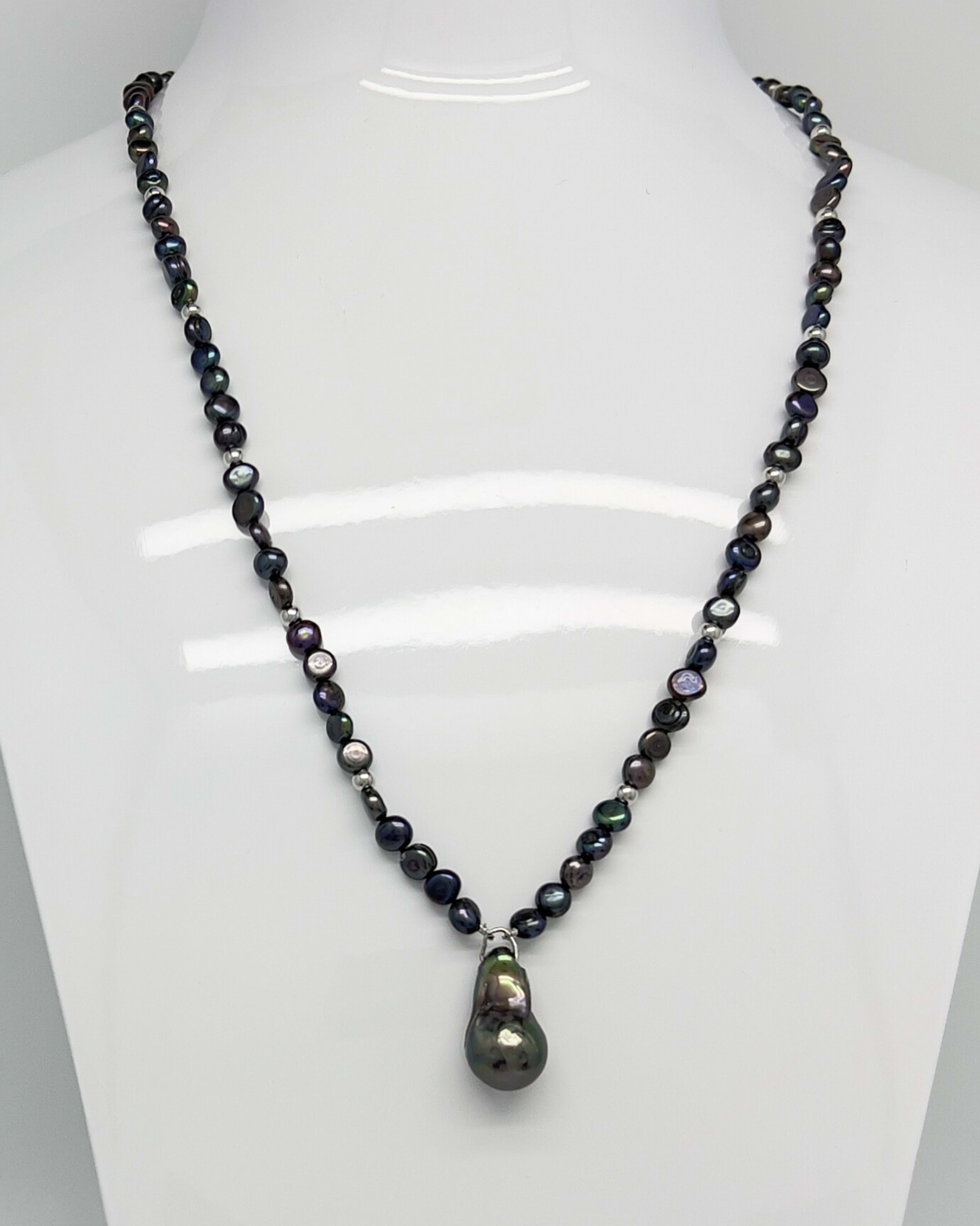 Dark baroque pearl toggle pendant necklace with a delicate pearl chain