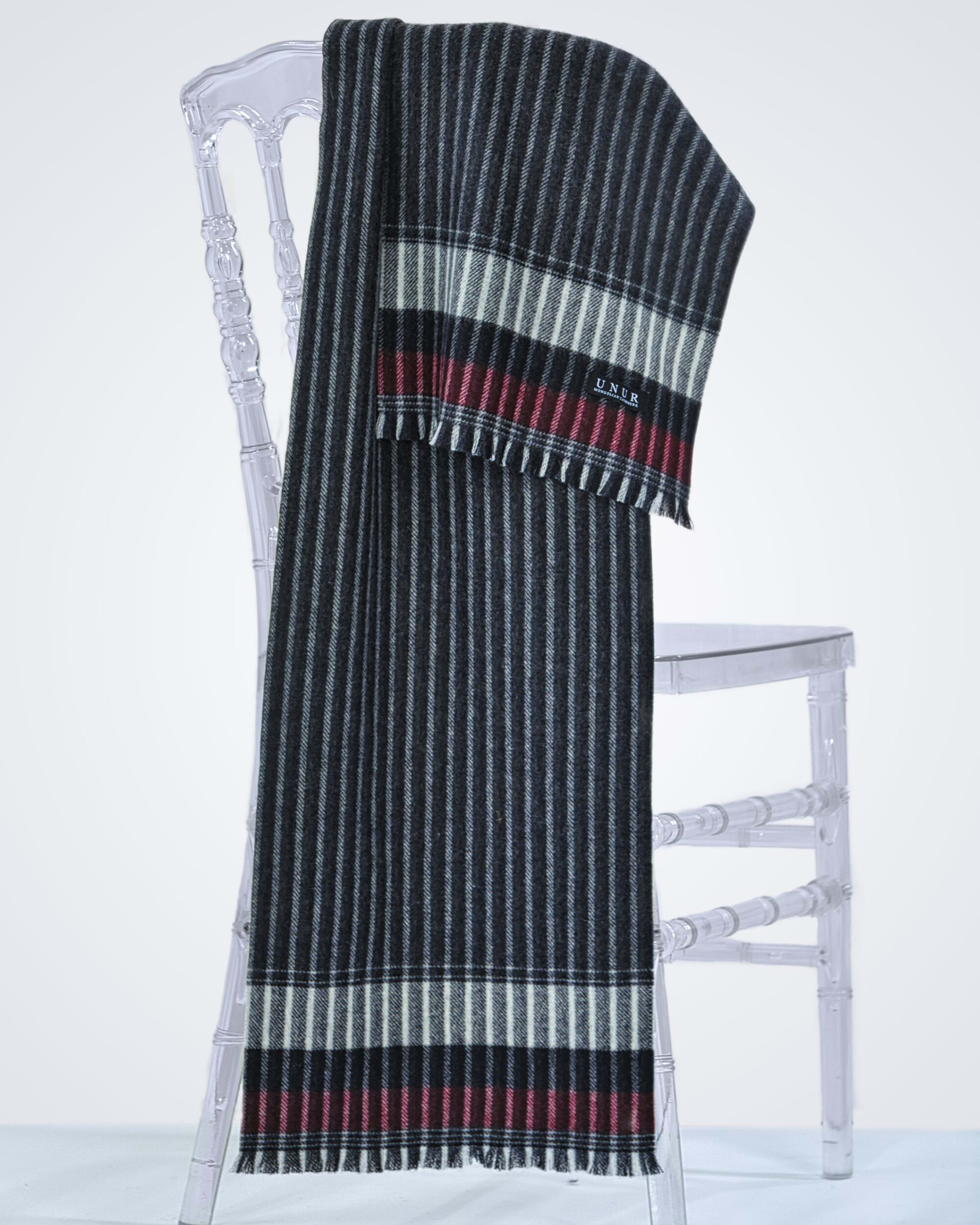 Men's soft cashmere pinstriped scarf, draped view