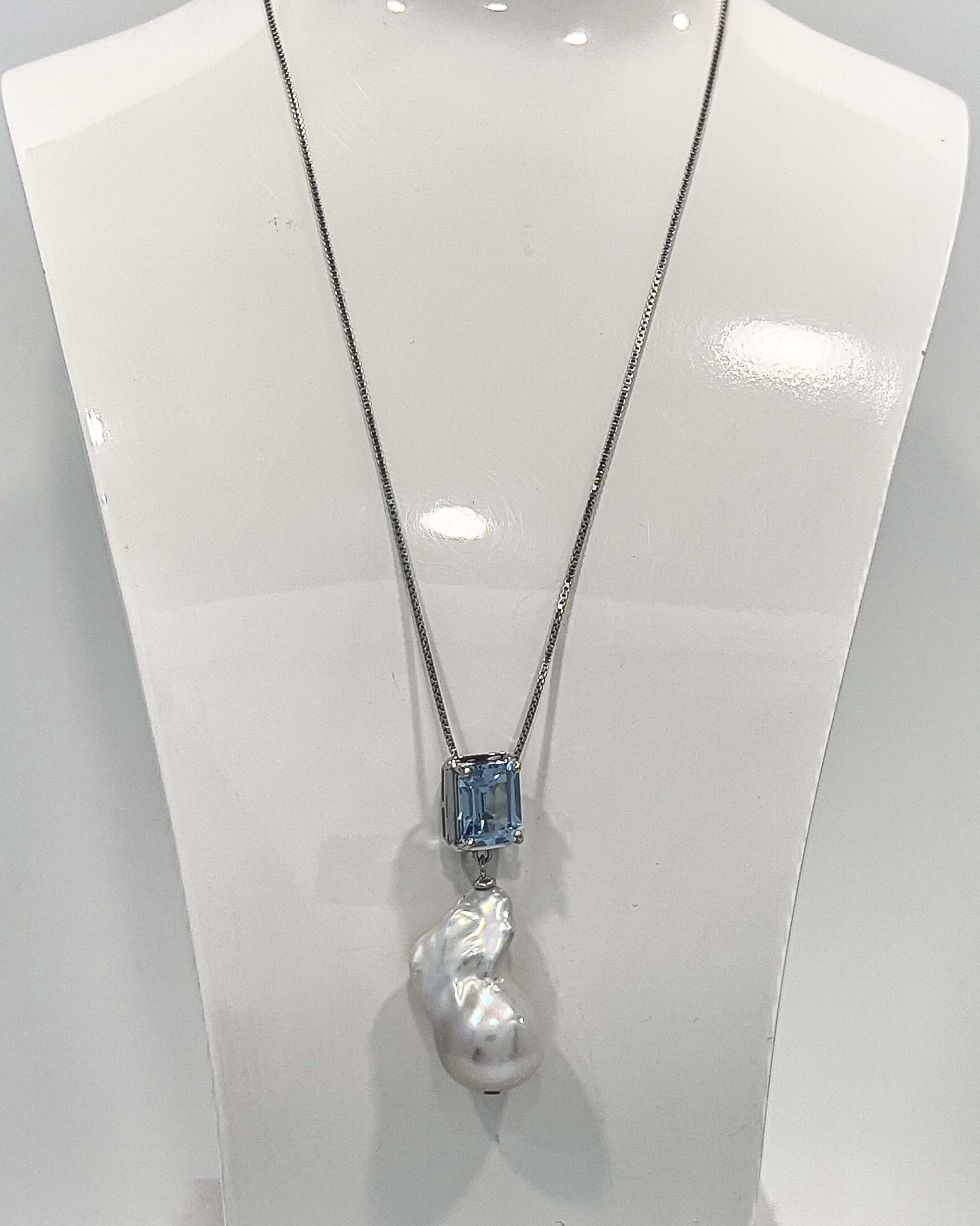 Signature baroque pearl and topaz pendant necklace on silver chain