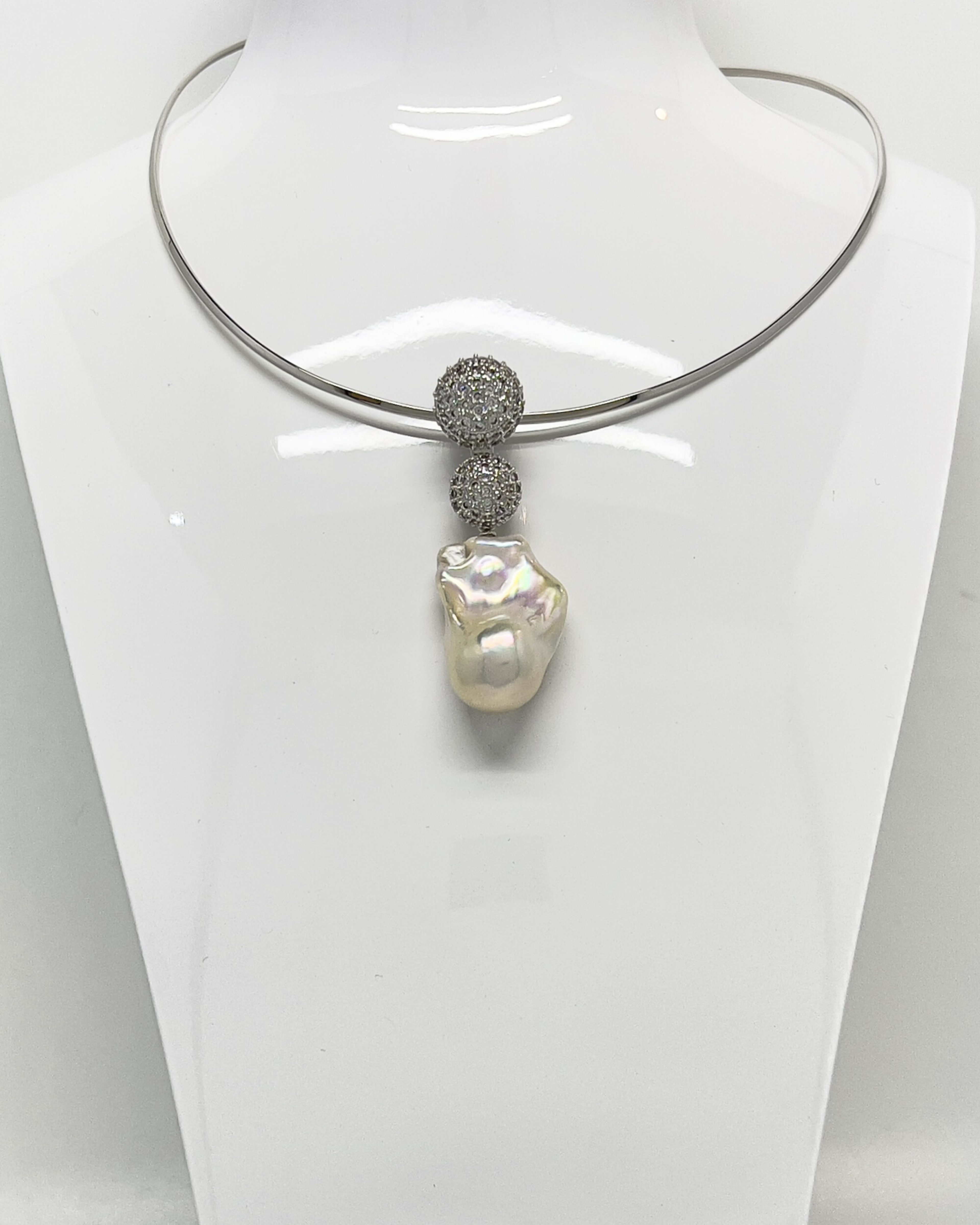 Signature baroque pearl statement pendant necklace with silver crystal rounds