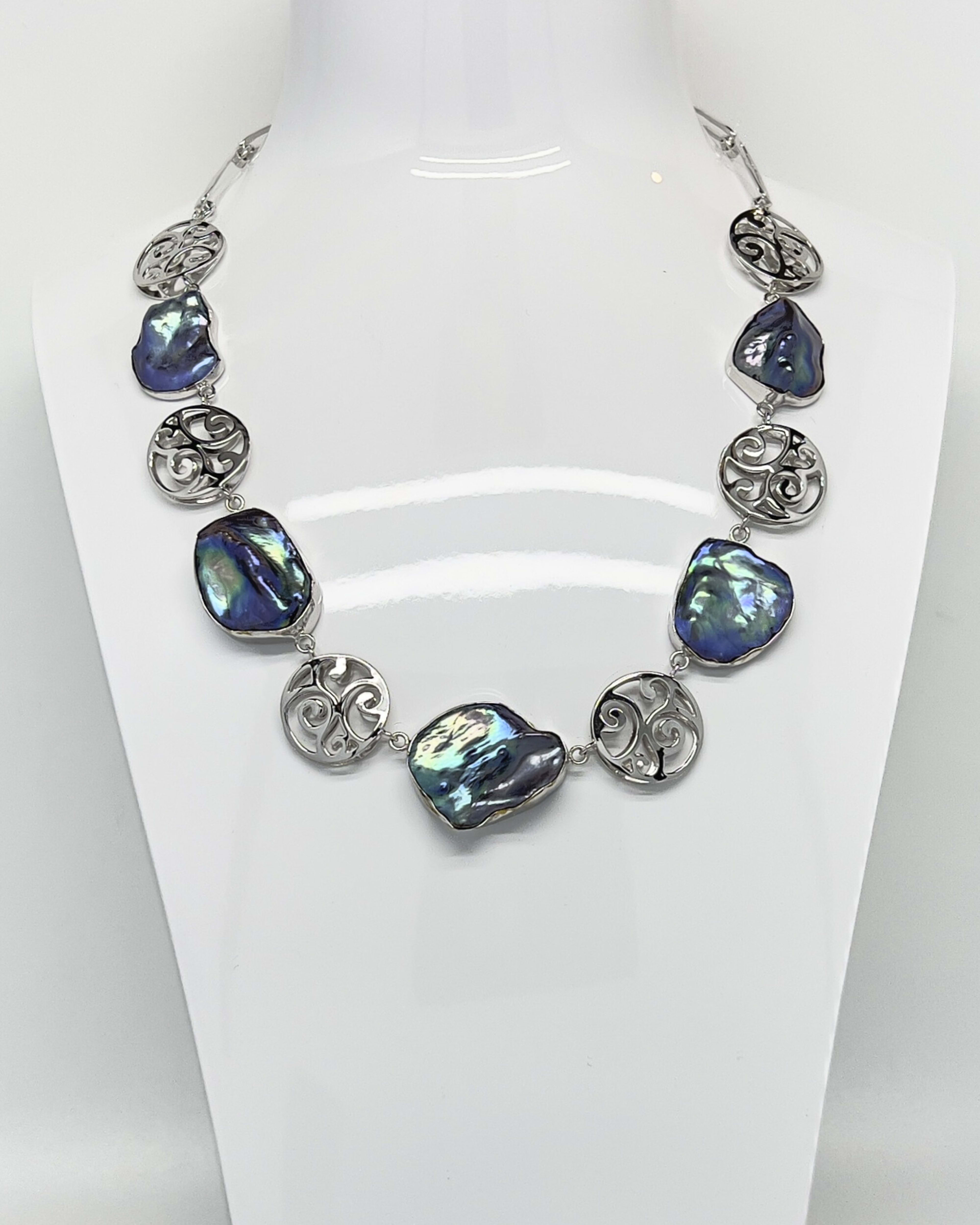 Signature dark keshi pearl statement chain necklace with silver charms