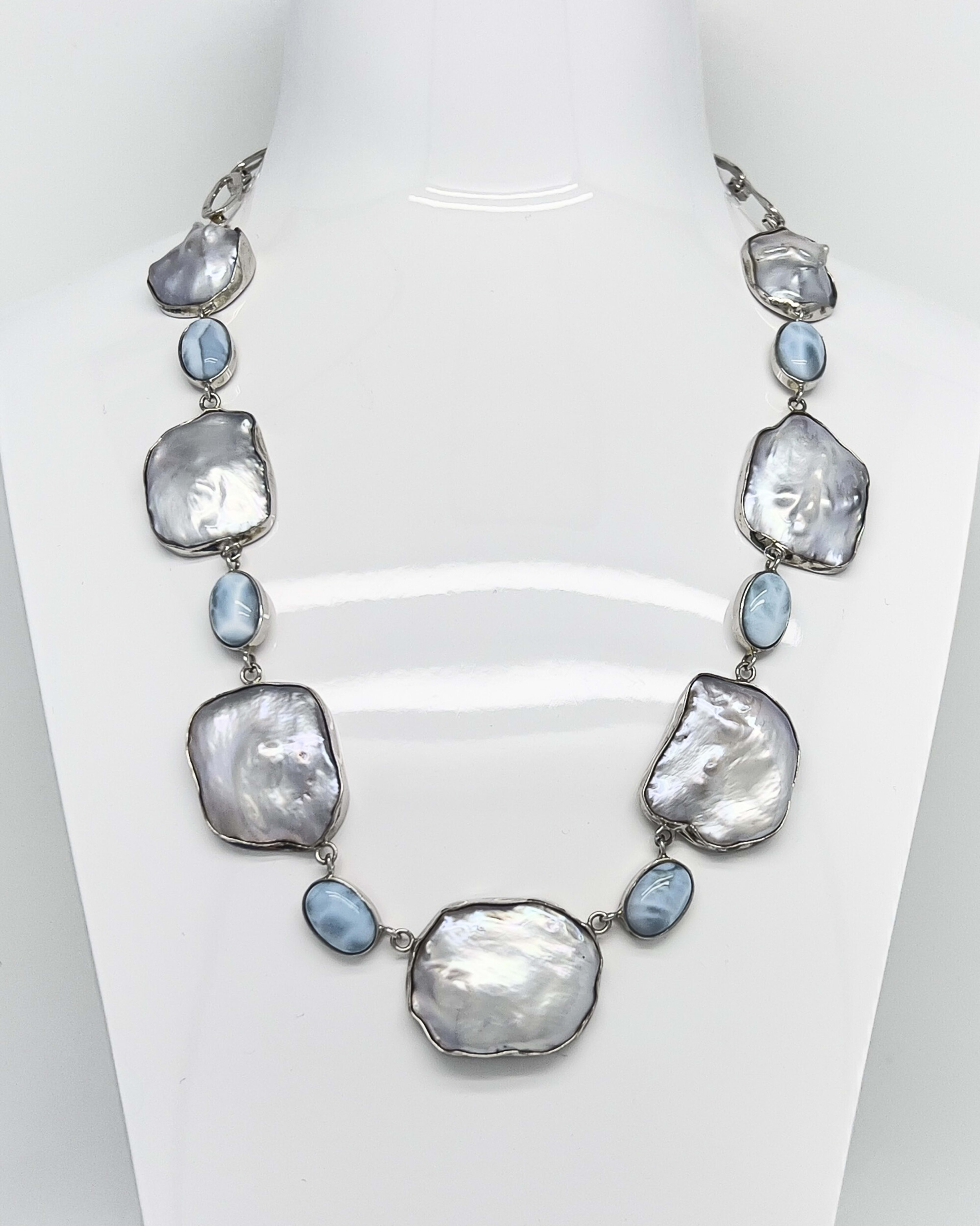 Signature keshi pearl and larimar silver statement chain necklace