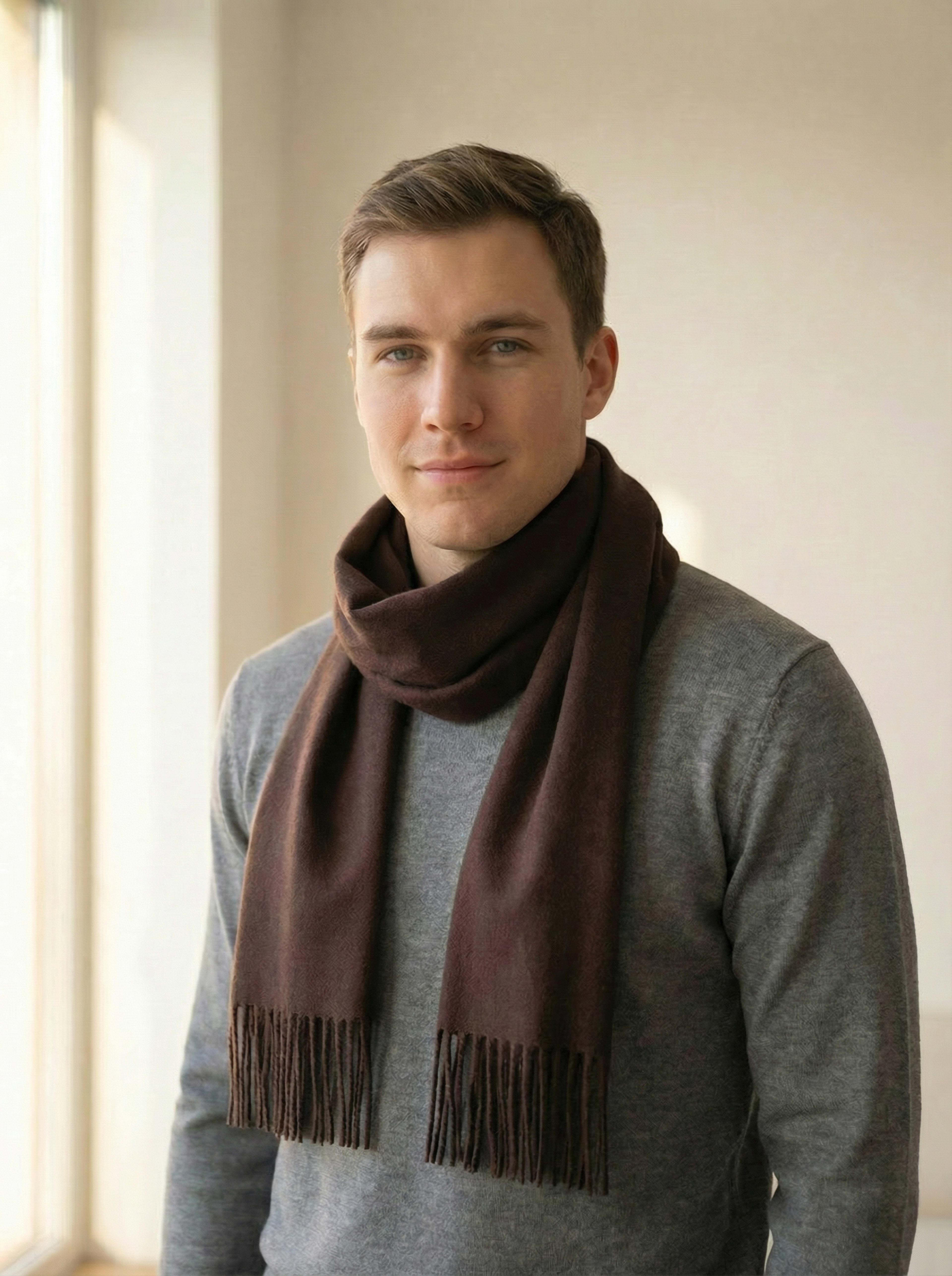 Man wearing a chocolate brown unisex cashmere scarf