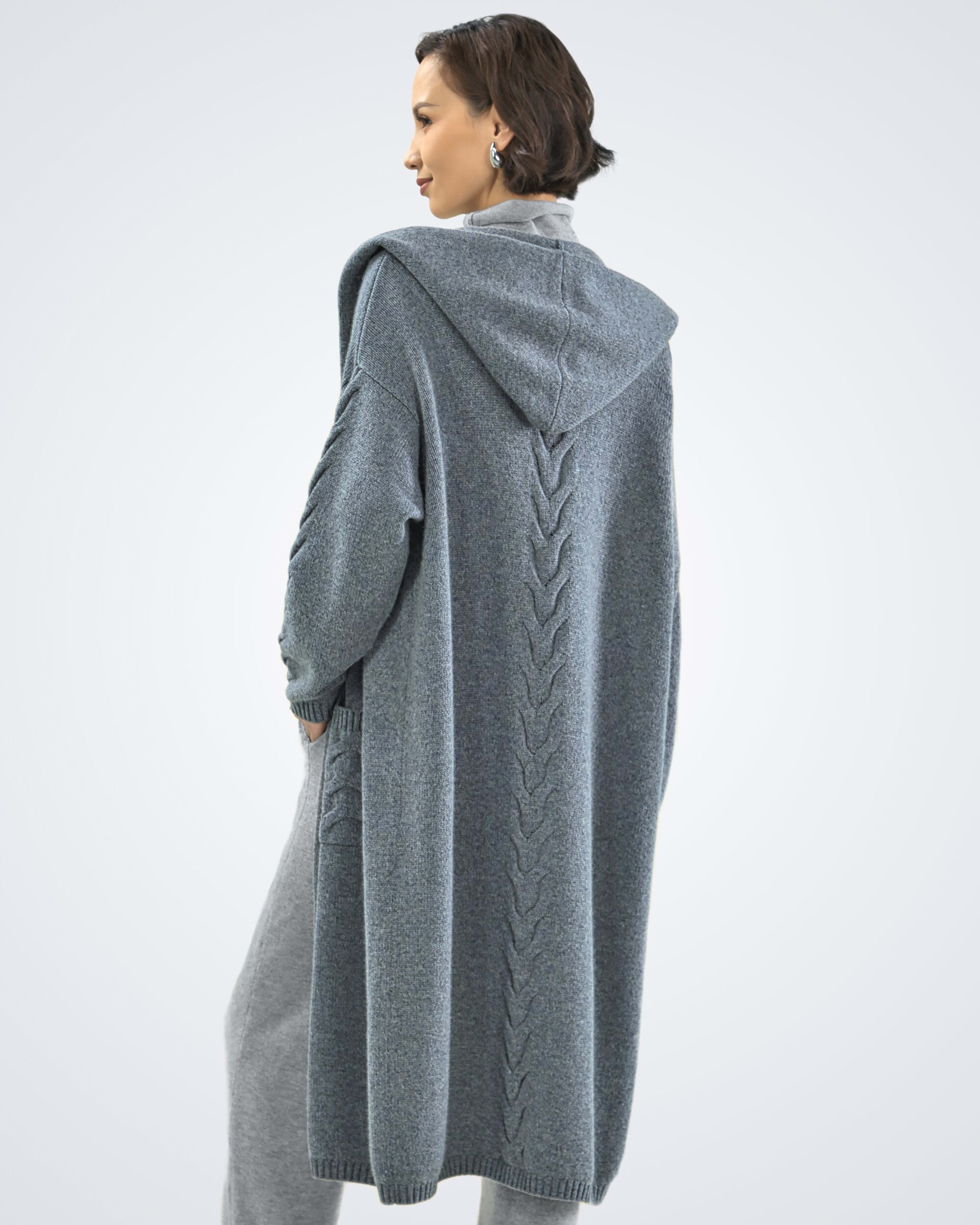 Back view of women's dark grey cashmere cable knit cardigan pockets – Unur