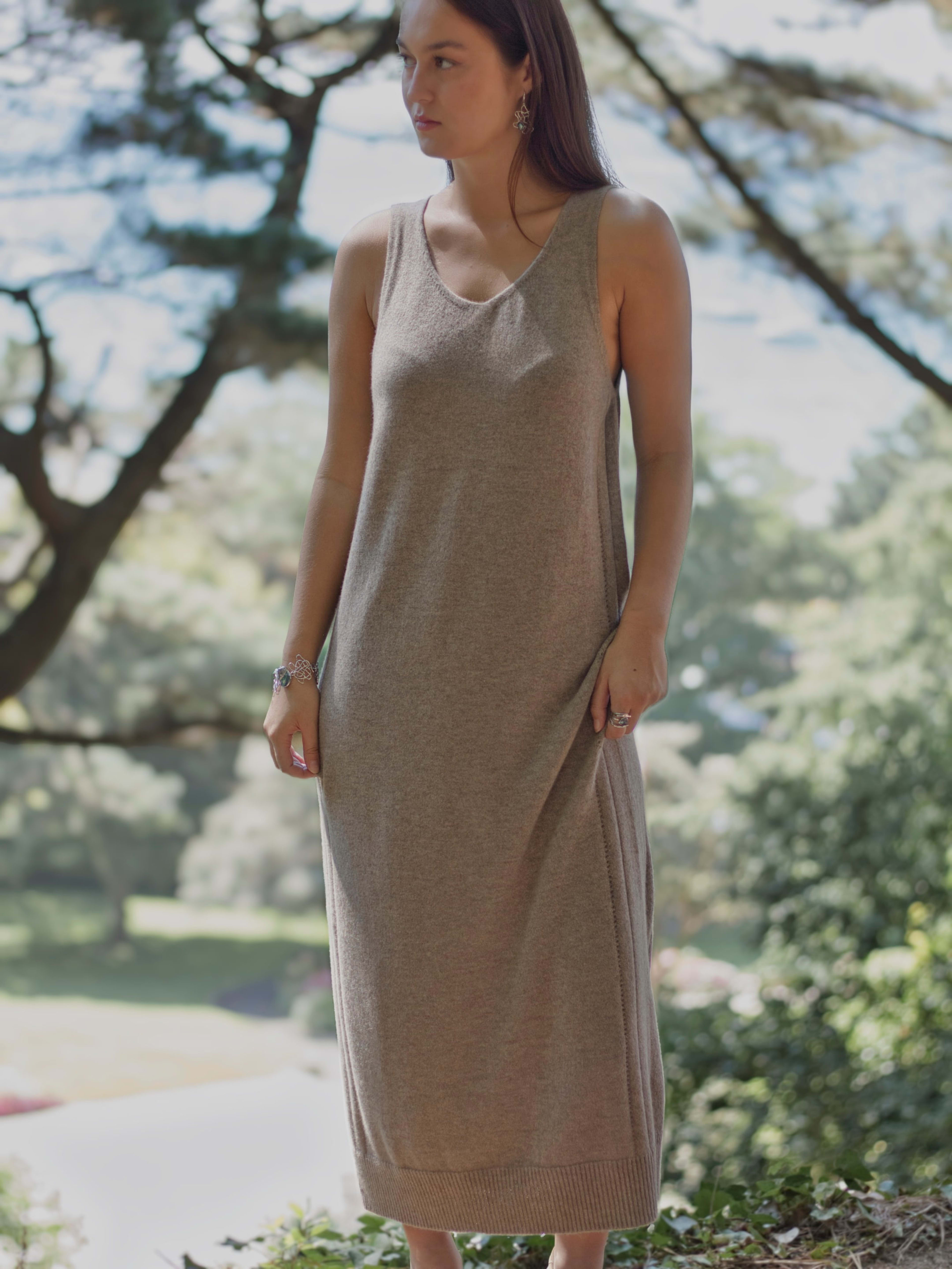 Women's natural brown cashmere dress on model
