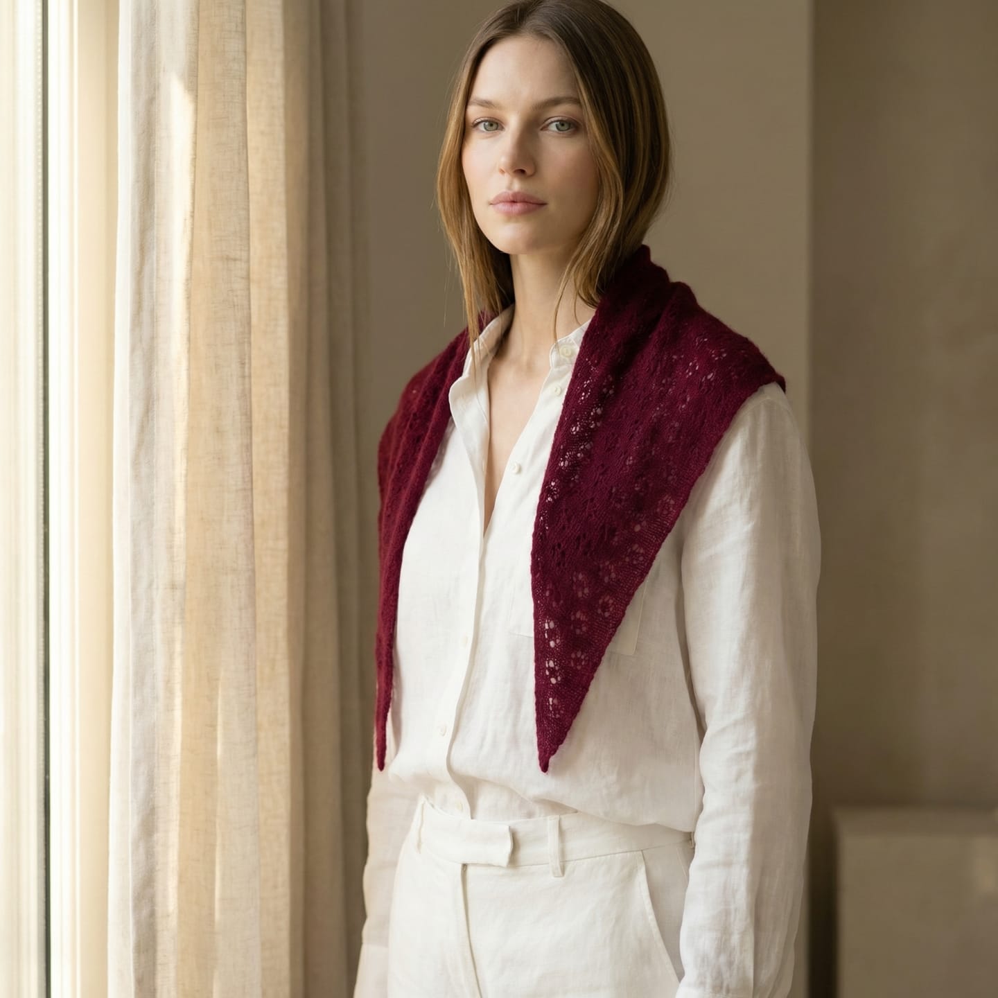 Women's patterned cashmere neck tie scarf in burgundy on model