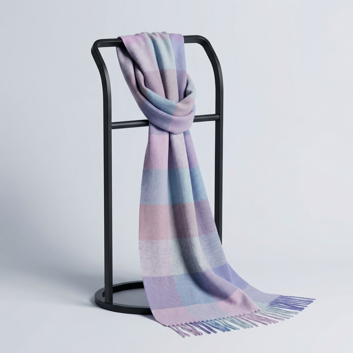 Purple, grey and blue check Mongolian cashmere scarf with tassel fringe, draped on a black studio stand