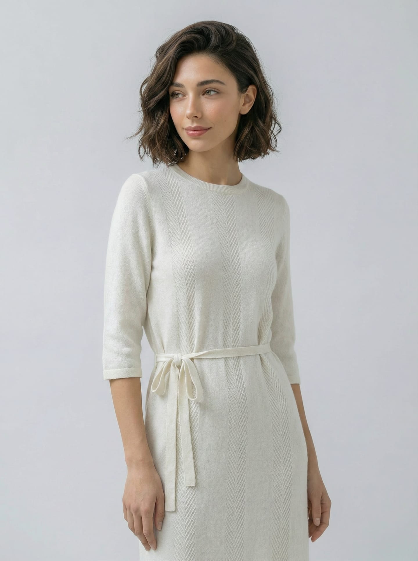 Model wearing white cashmere chevron midi dress with crew neck and tie belt – Unur