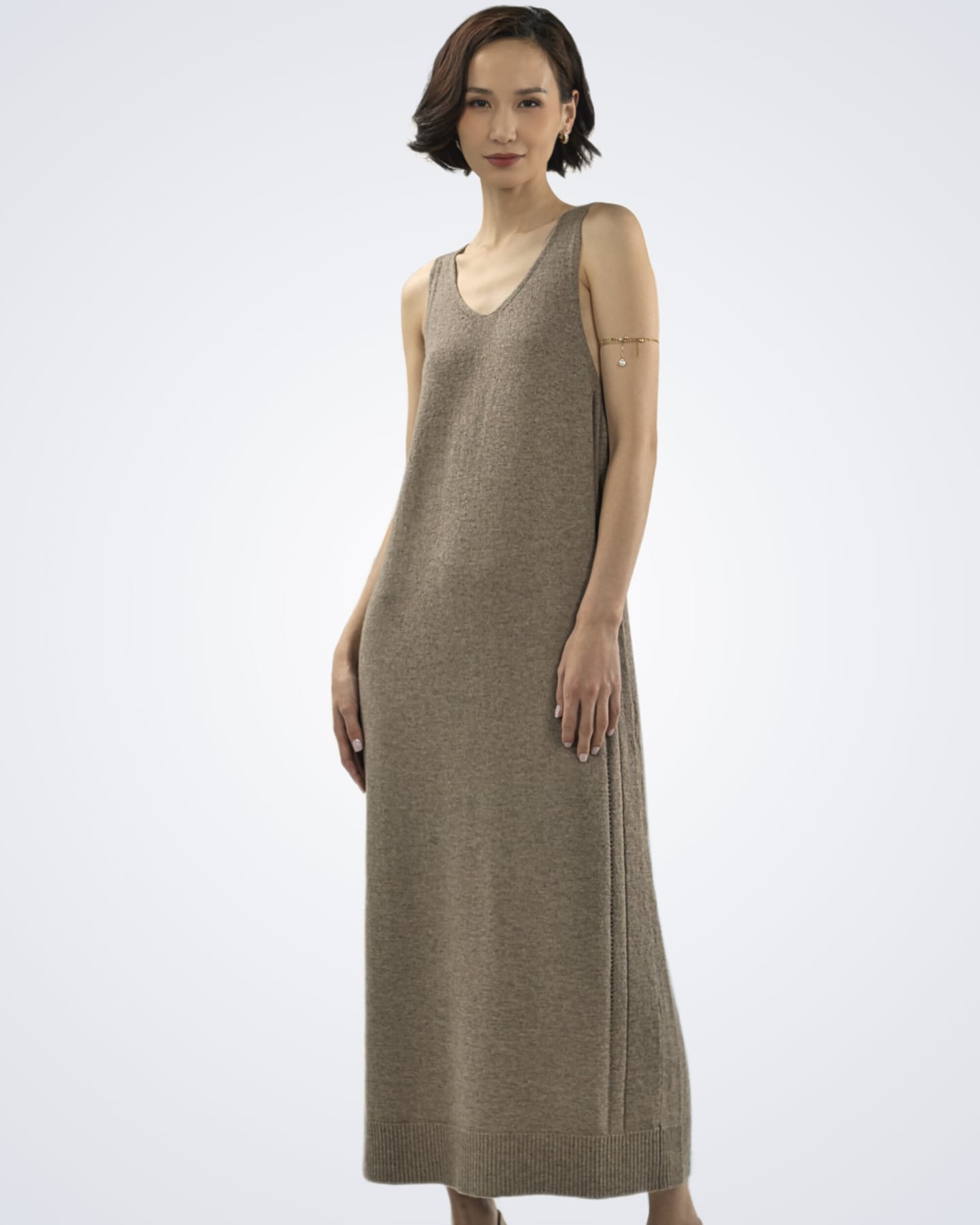 Front view of women's natural brown cashmere V-neck midi dress – Unur