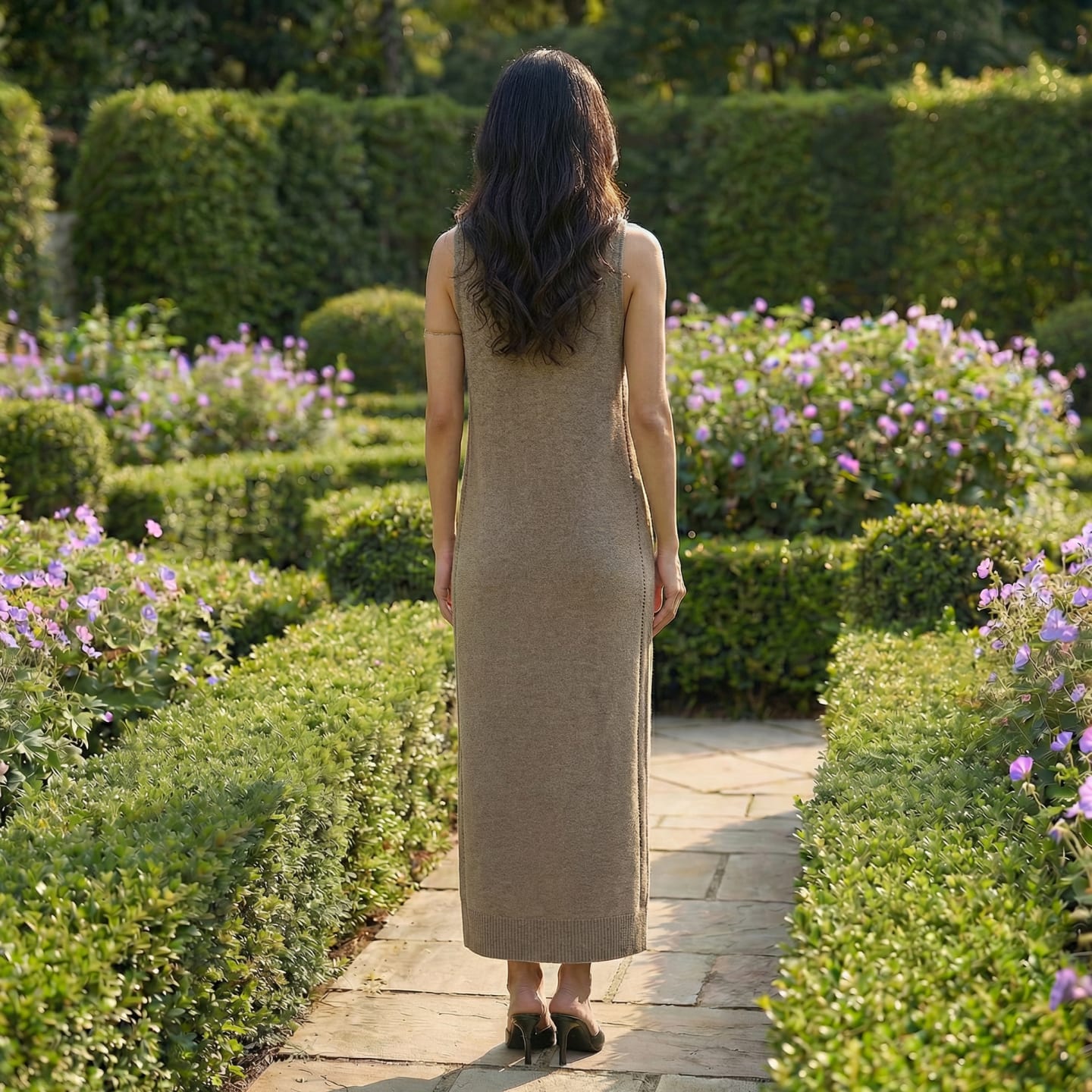 Rear view of women's natural brown cashmere V-neck midi dress in garden – Unur