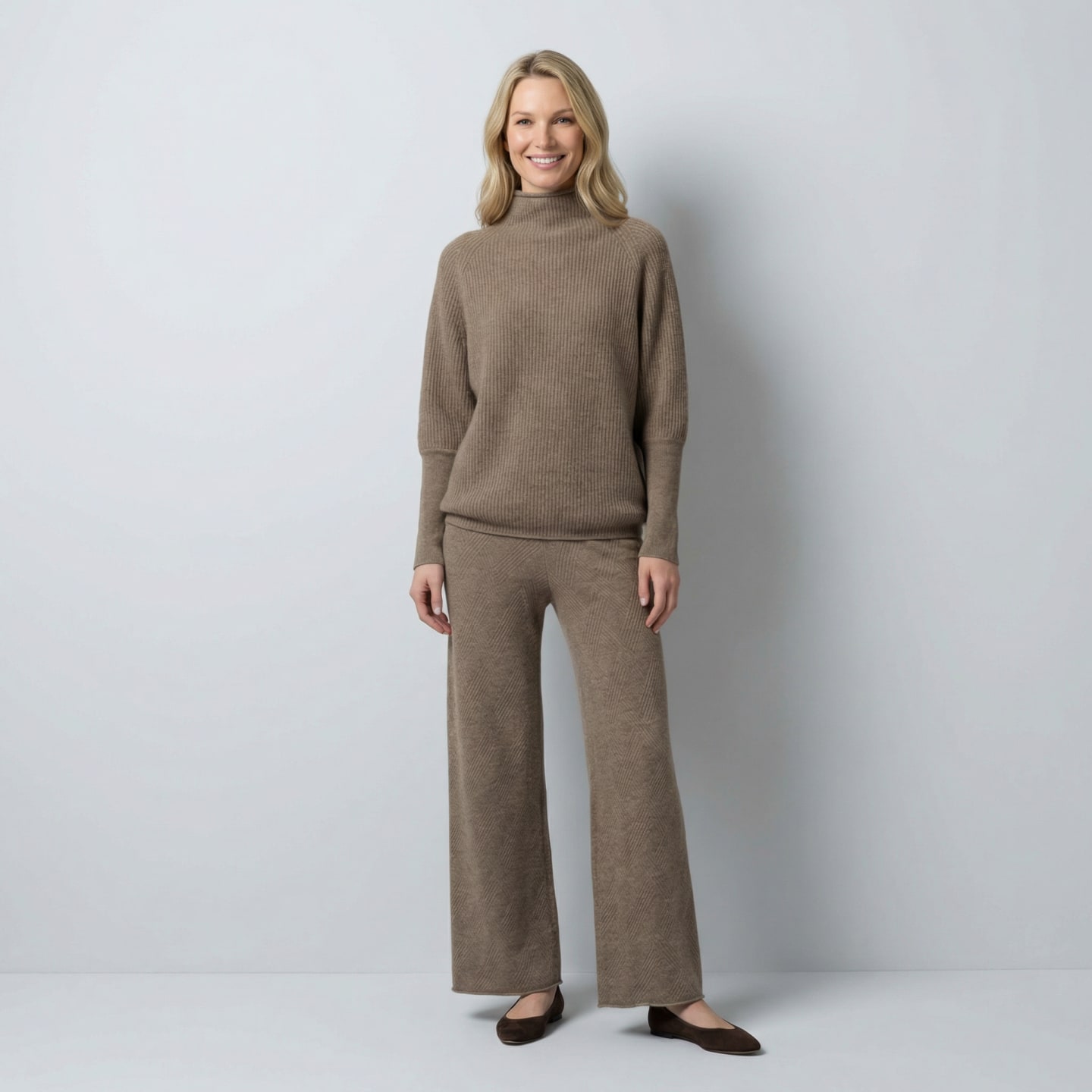Women's oversized high neck ribbed cashmere jumper in natural brown, full view