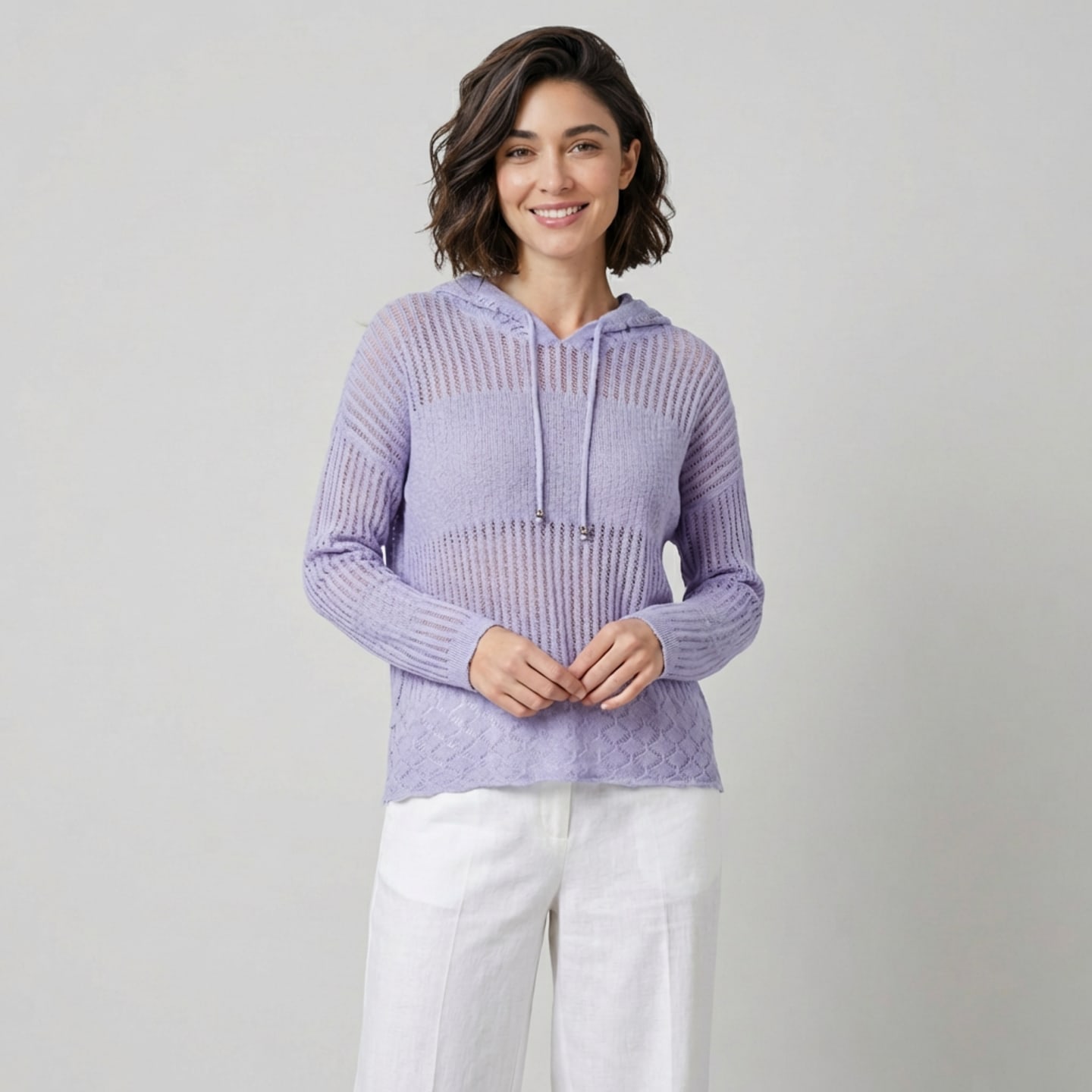 Women's lavender cashmere lace patterned hoodie sweater, front view showing intricate openwork detail and relaxed fit