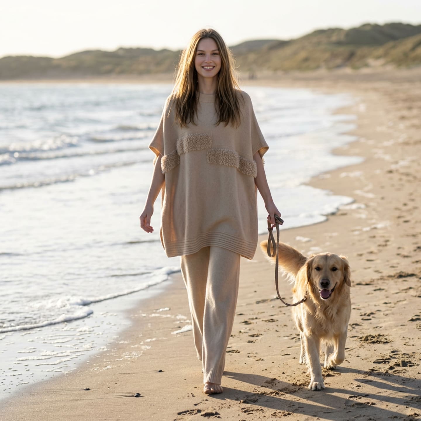 Model wearing Unur natural beige cashmere cape top while walking a dog on the beach