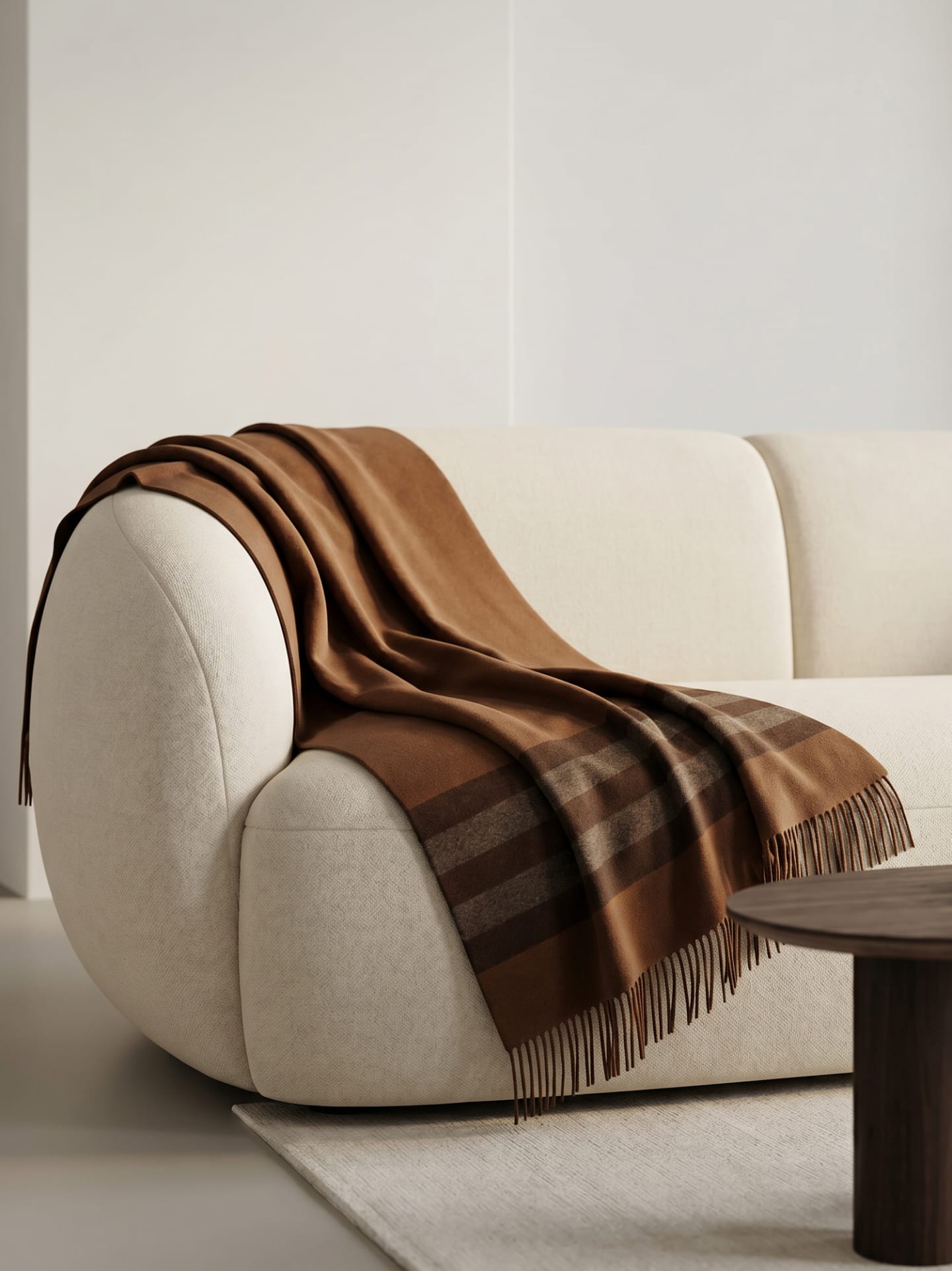 Warm brown cashmere throw draped over a cream curved sofa, showing the striped band detail at one end and long fringed tassels