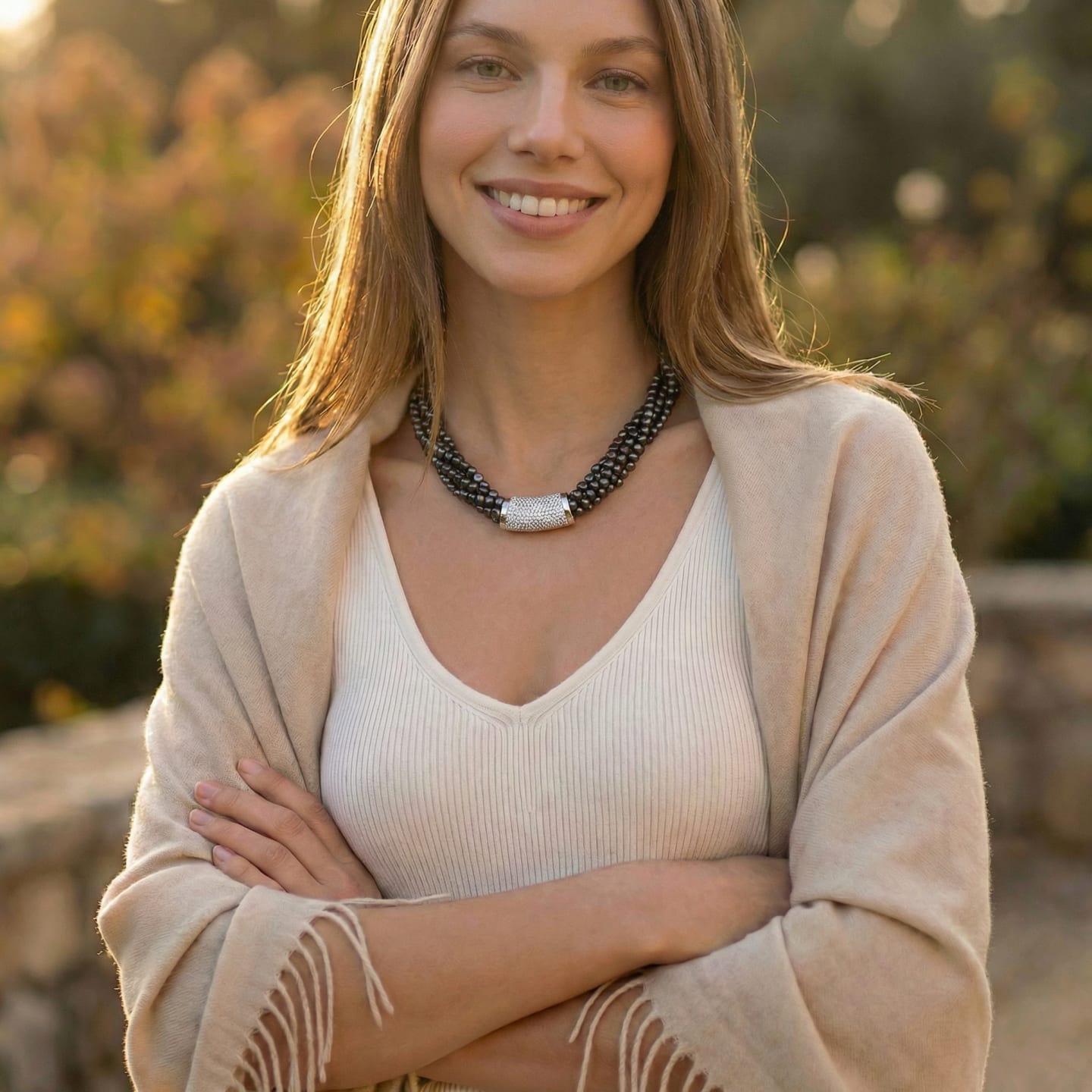 Model wearing the Classic Baroque Statement Necklace, multi-strand dark pearls with pavé crystal centre clasp visible at the neckline.