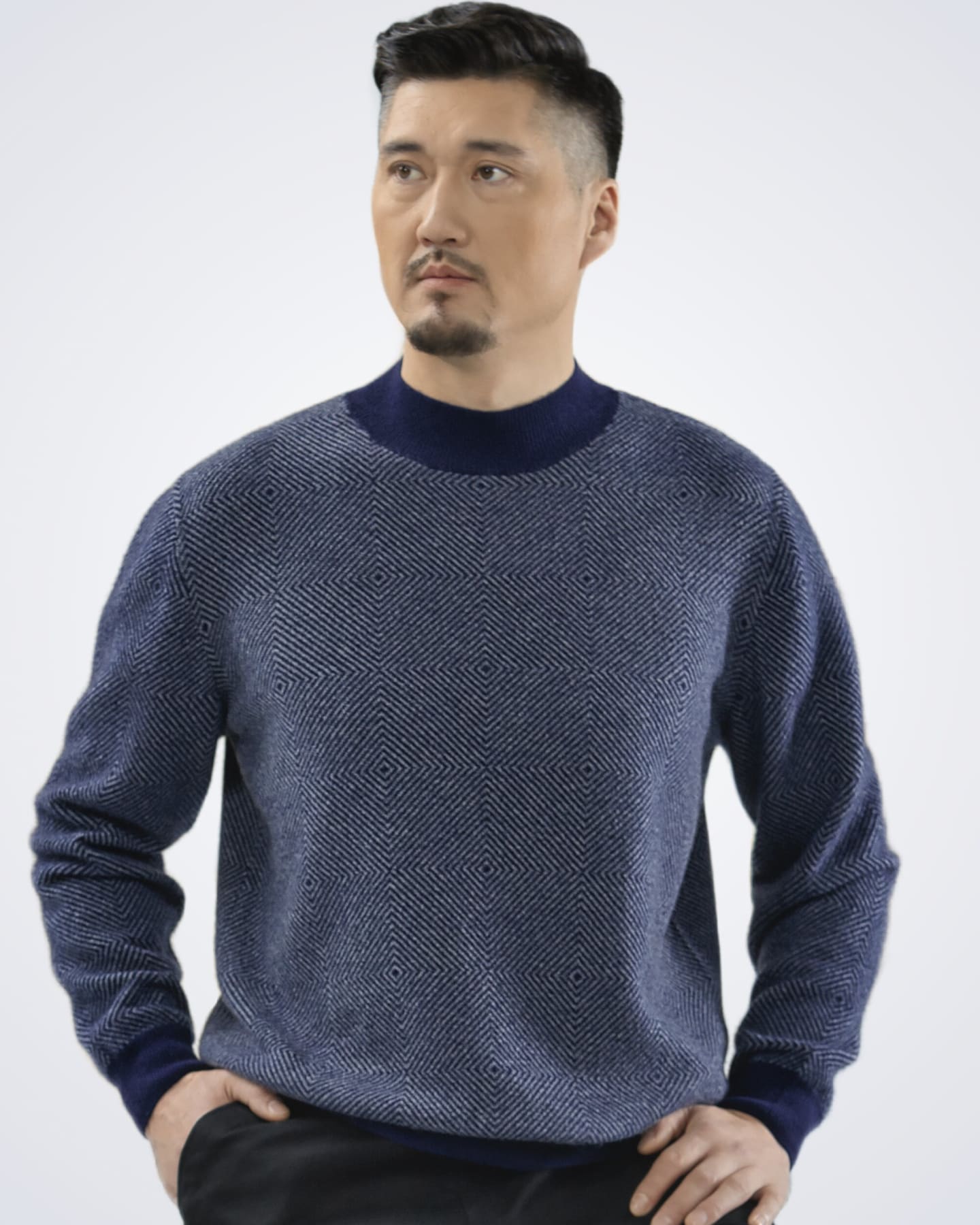 Front view of men's navy cashmere crew neck jumper with diamond jacquard pattern – Unur