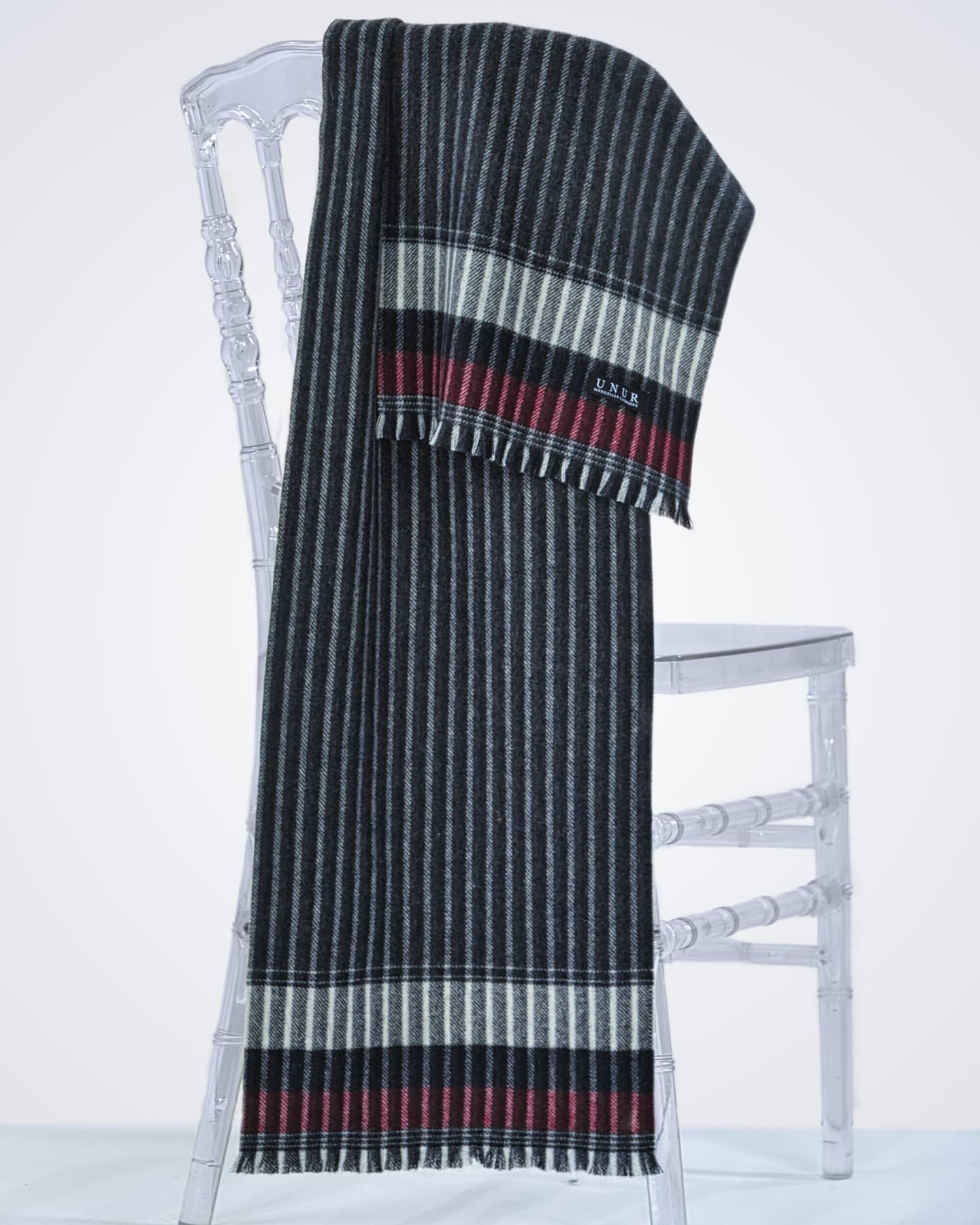 Men's soft cashmere pinstriped scarf, draped view