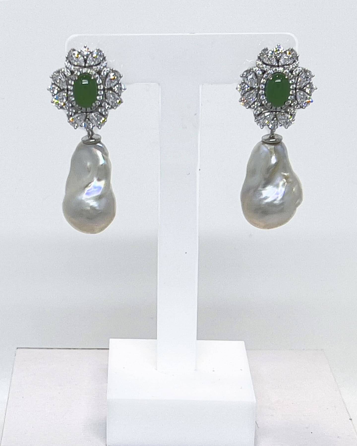 Signature baroque pearl drop earrings with Korean jade crystal stud