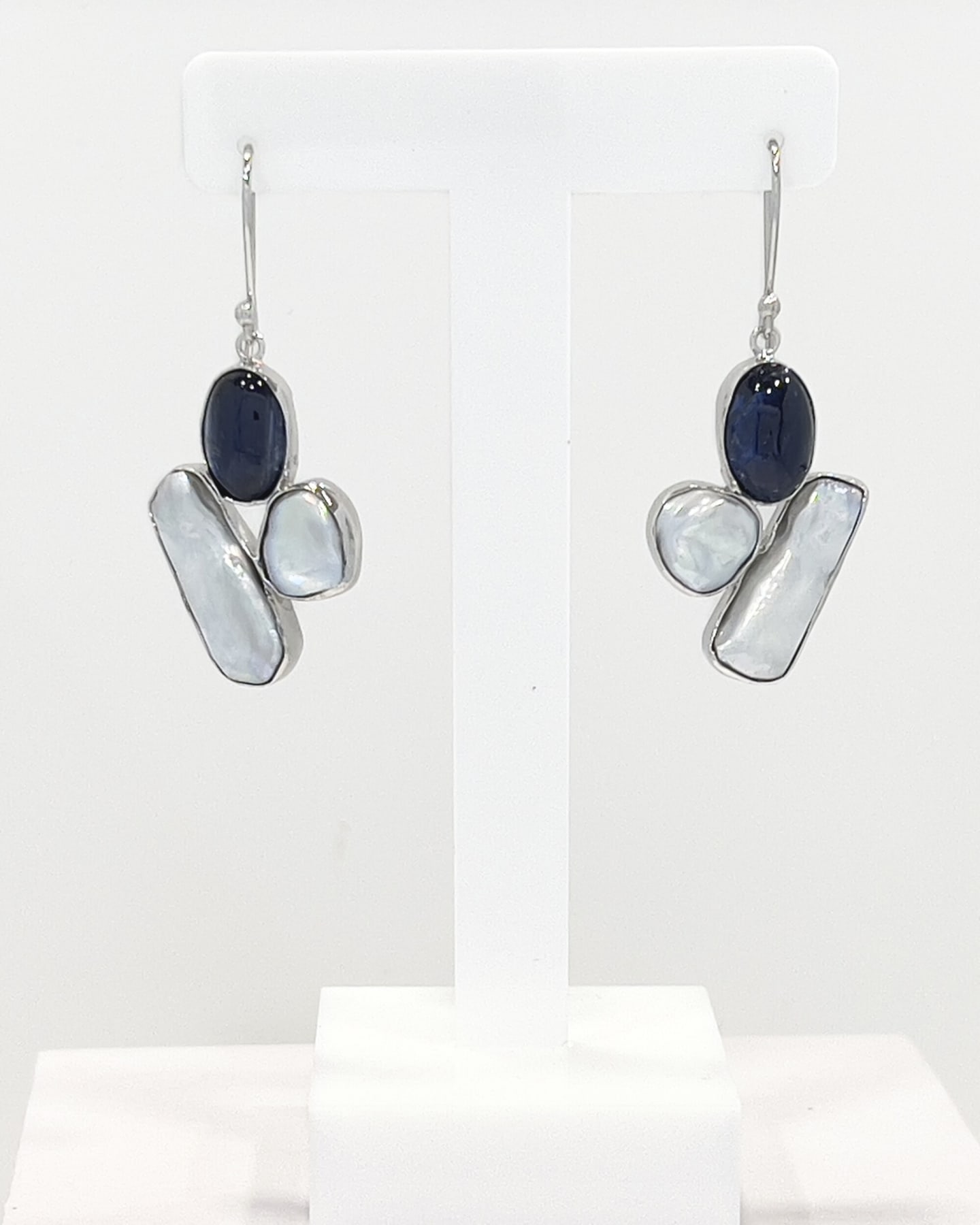Signature keshi pearl and kyanite drop earrings in silver tiled pattern