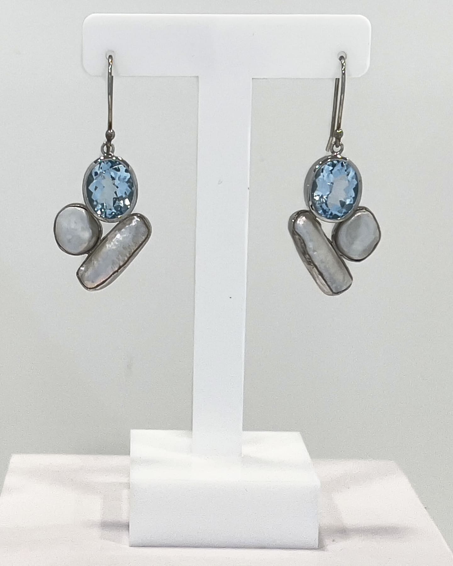 Signature Keshi pearl and topaz drop earrings with silver tile lattice
