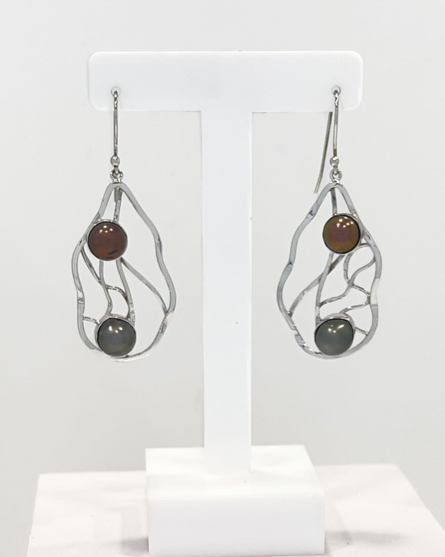Signature silver lattice drop earrings with two Tahitian pearls