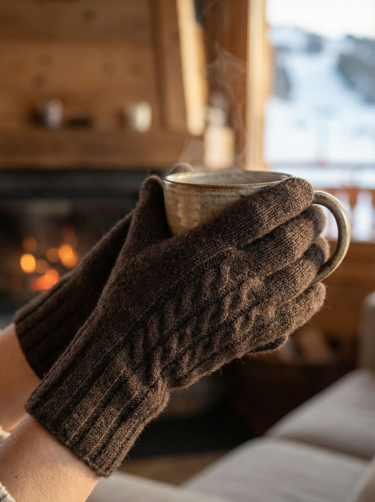 Dark brown yak wool gloves, close up indoors holding a mug