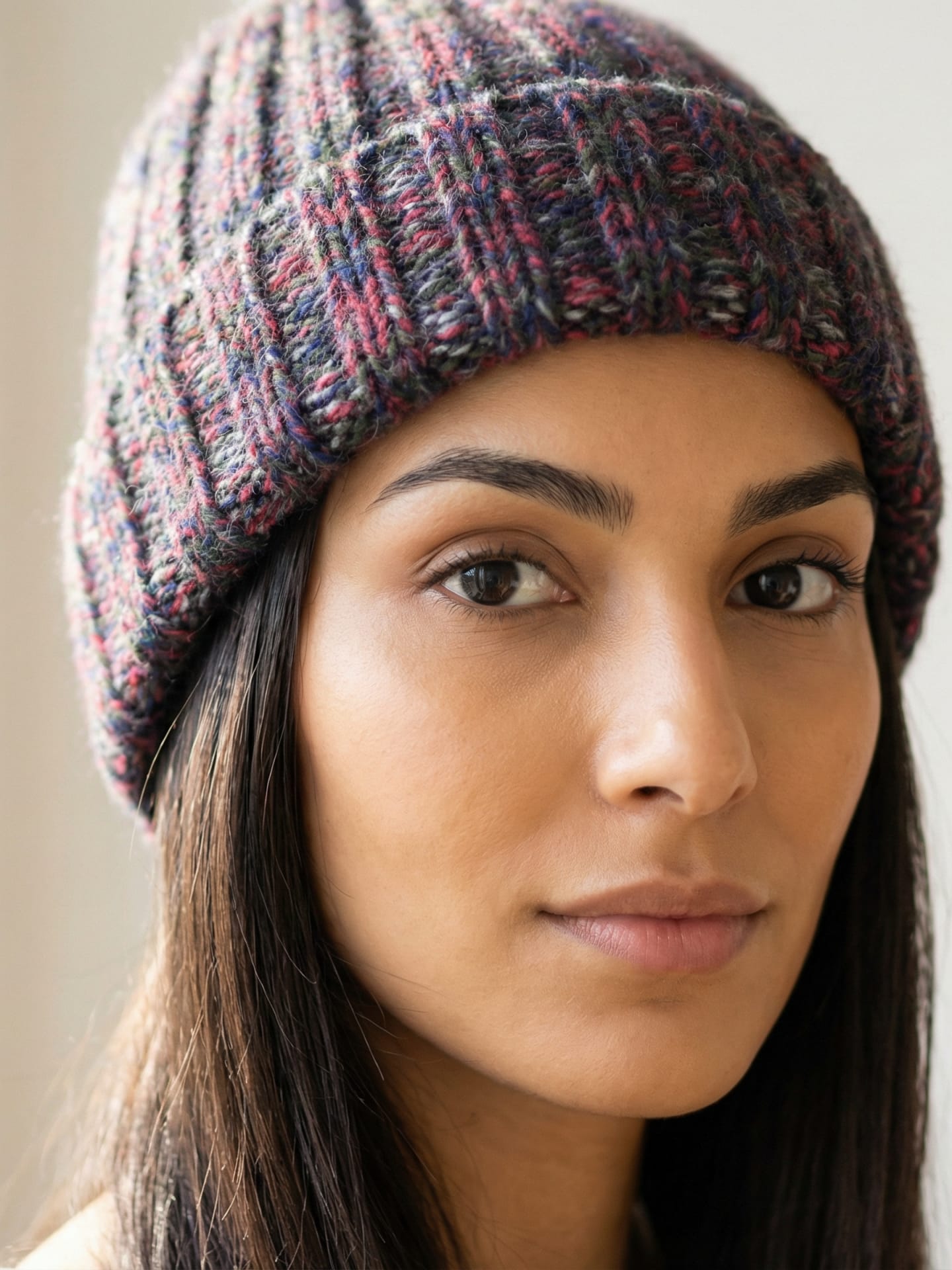 Front view of woman wearing chunky ribbed yak wool hat in mottled red
