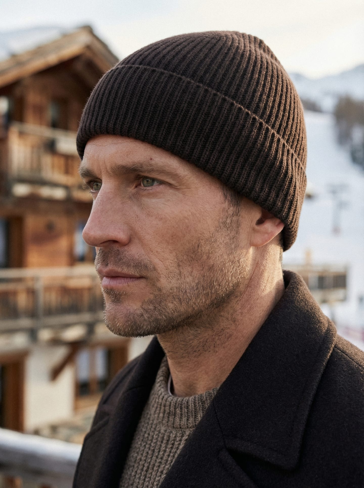 Man wearing dark brown ribbed cashmere hat outdoors, front view