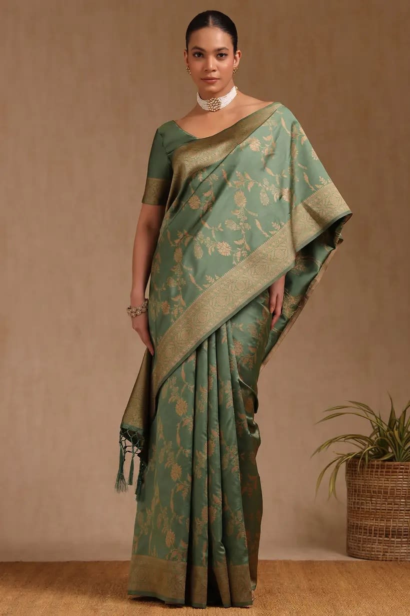 Floral Print Saree With Attached Blouse Tussar Silk Saree