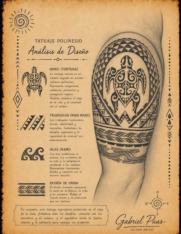 Símbolo polinésico Análisis de diseño: tortuga, triángulos y olas