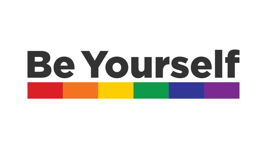 Graphic that says be yourself above a rainbow line