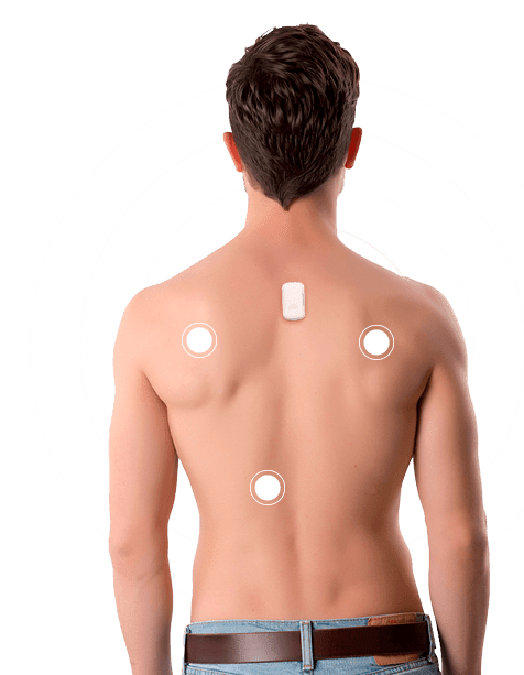 Shirtless man with UPRIGHT GO 2 and key benefit points on his back