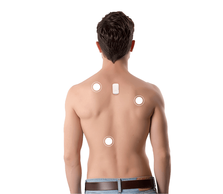 Shirtless man with UPRIGHT GO 2 and key benefit points on his back