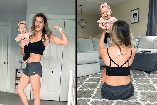 Young woman with upright device on her back as she plays with her baby