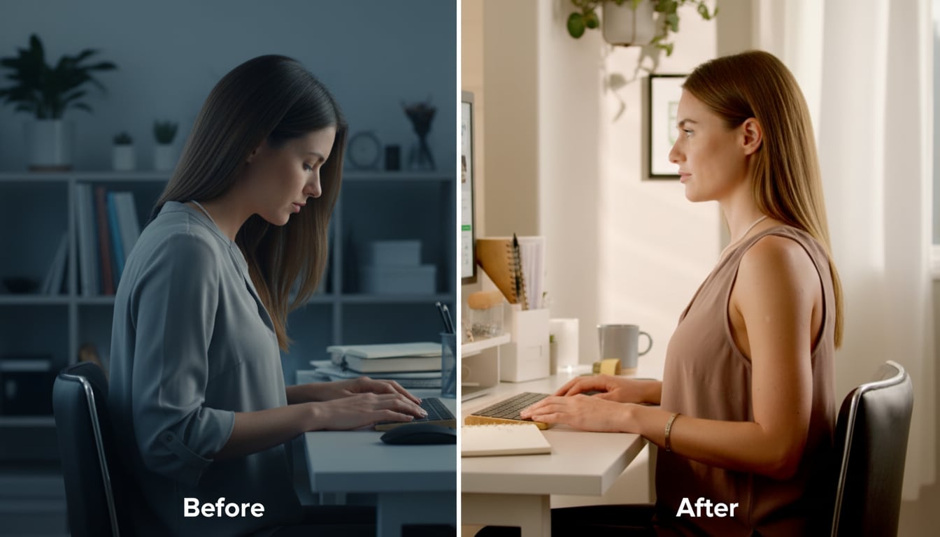 Before and after — slouching vs perfect posture with UPRIGHT GO 2