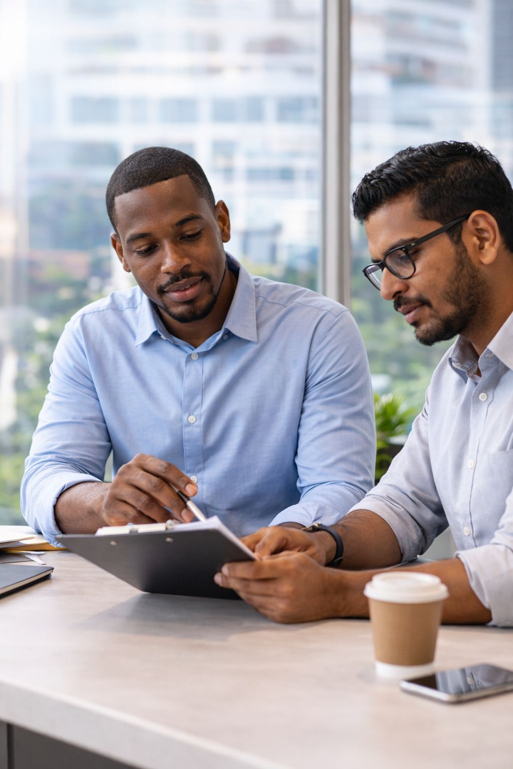 Illustration of two people collaborating at a desk