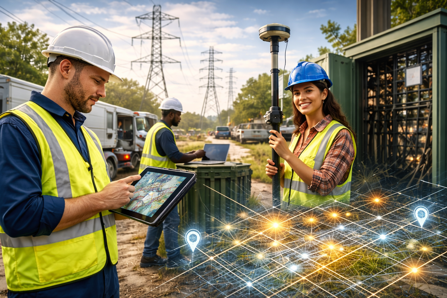 Illustration of geospatial workers at an infrastructure site