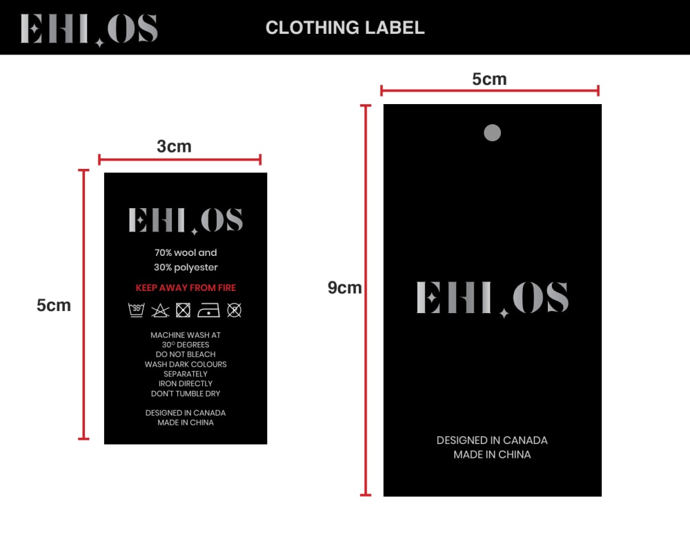 Size labels, clothing tags, brand labels, care labels designed