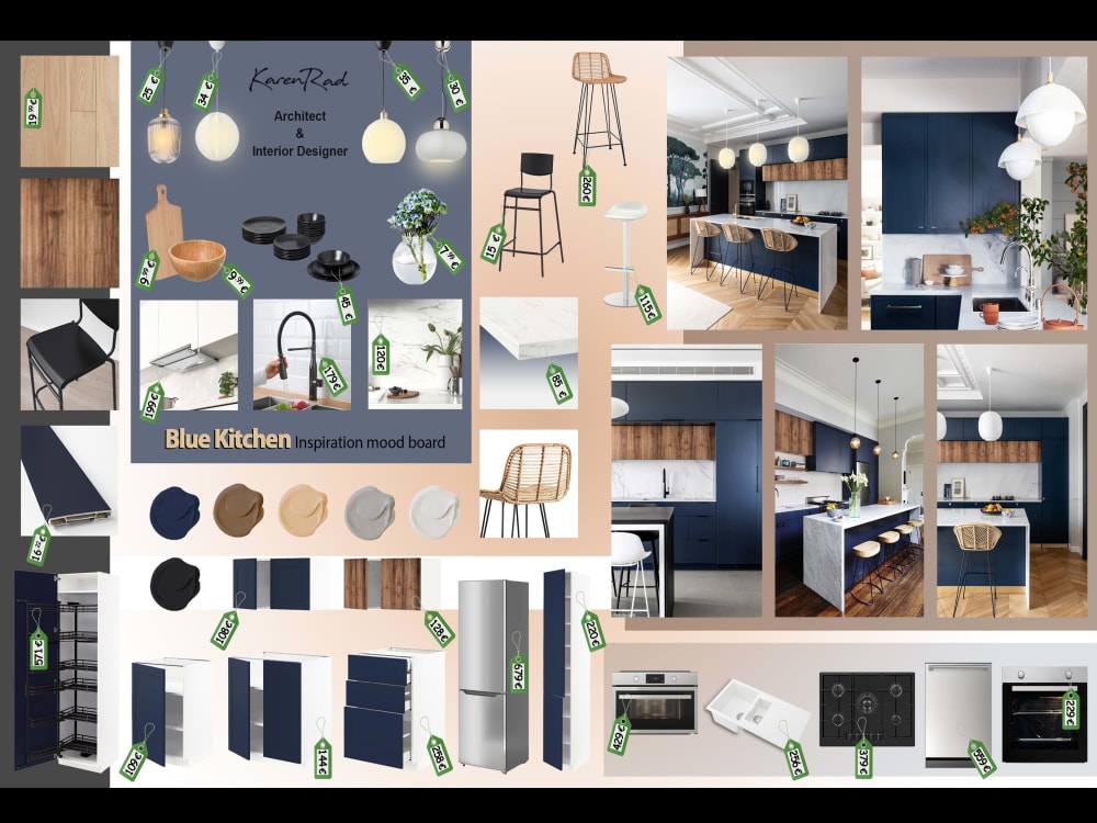 Professional mood boards, and furniture shopping lists with clickable